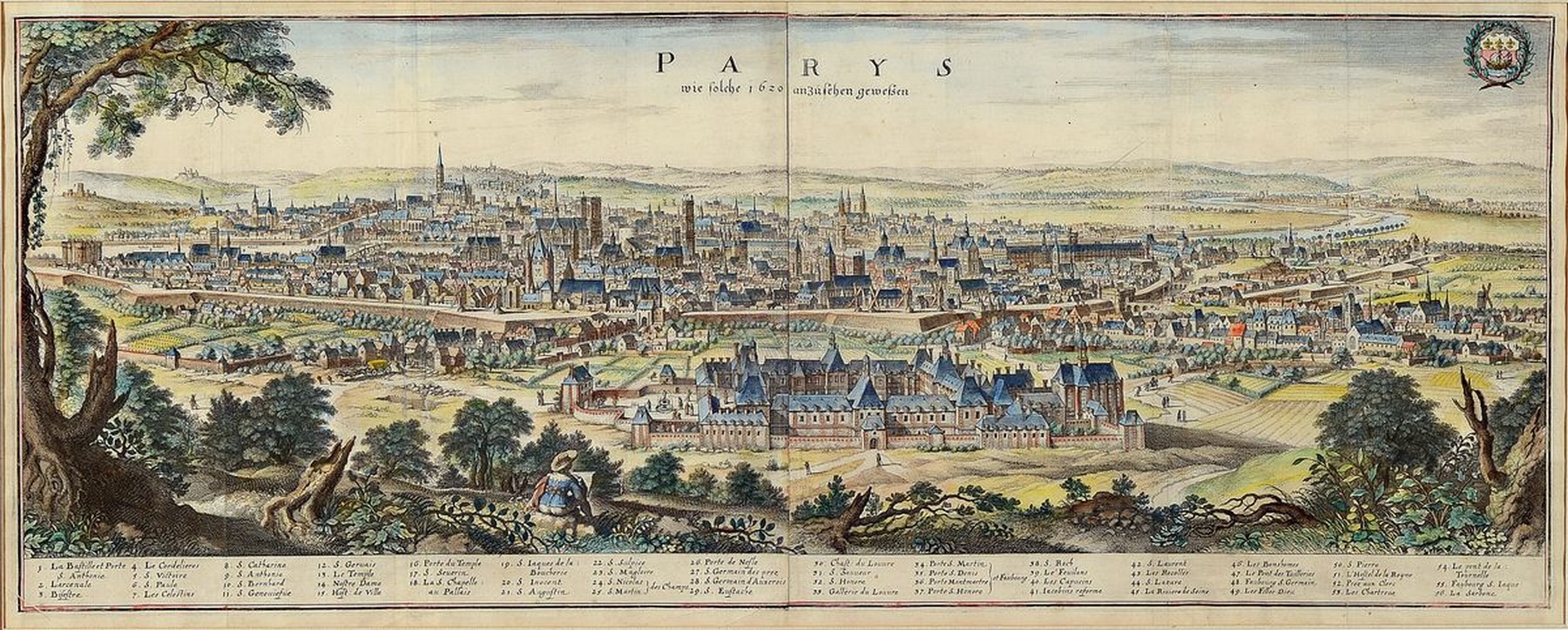 Kupferstich, um 1760-1780, Ansicht von Paris, "Parys wie solche 1602 anzusehen war", im 19. Jh. koloriert, 5-fach gefaltet inkl. Mittelbug, ...