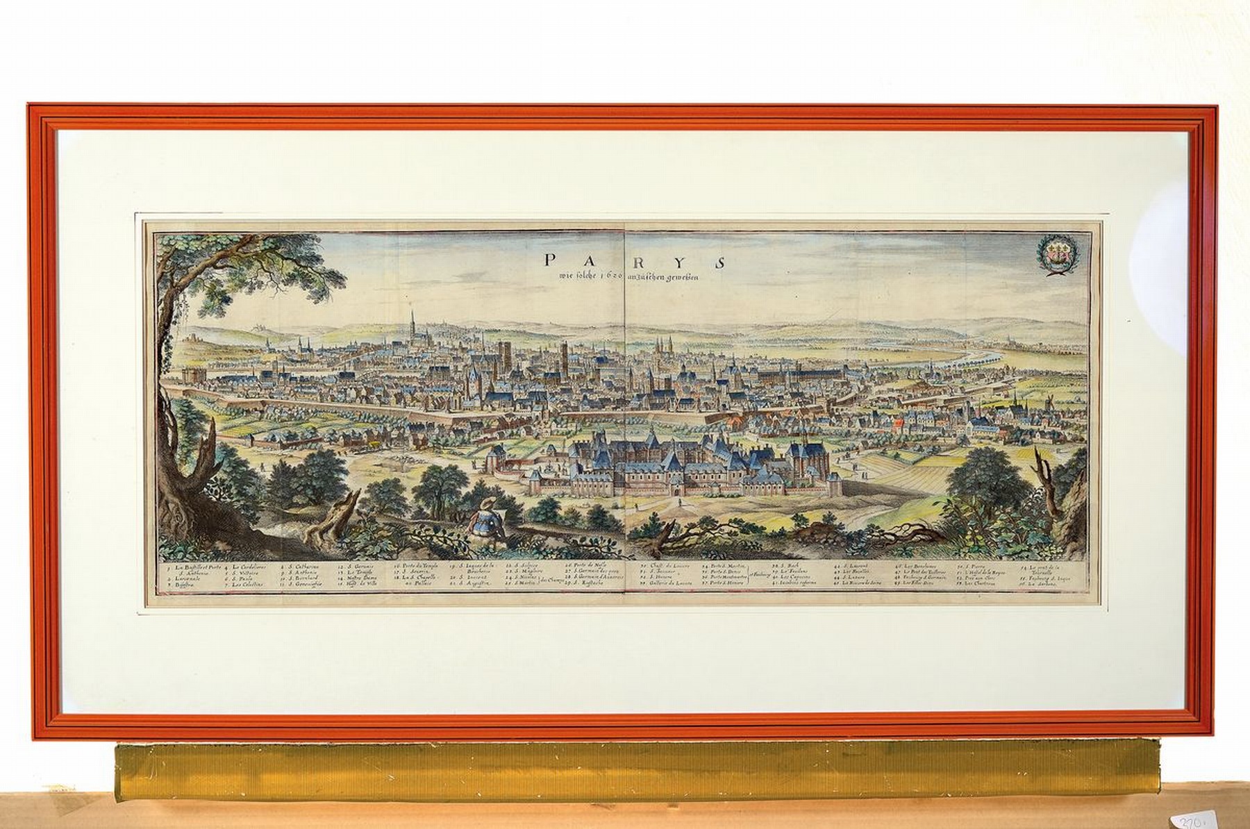 Detail k: Kupferstich, um 1760-1780, Ansicht von Paris, "Parys wie solche 1602 anzusehen war", im 19. Jh. koloriert, 5-fach gefaltet inkl. Mittelbug, ...