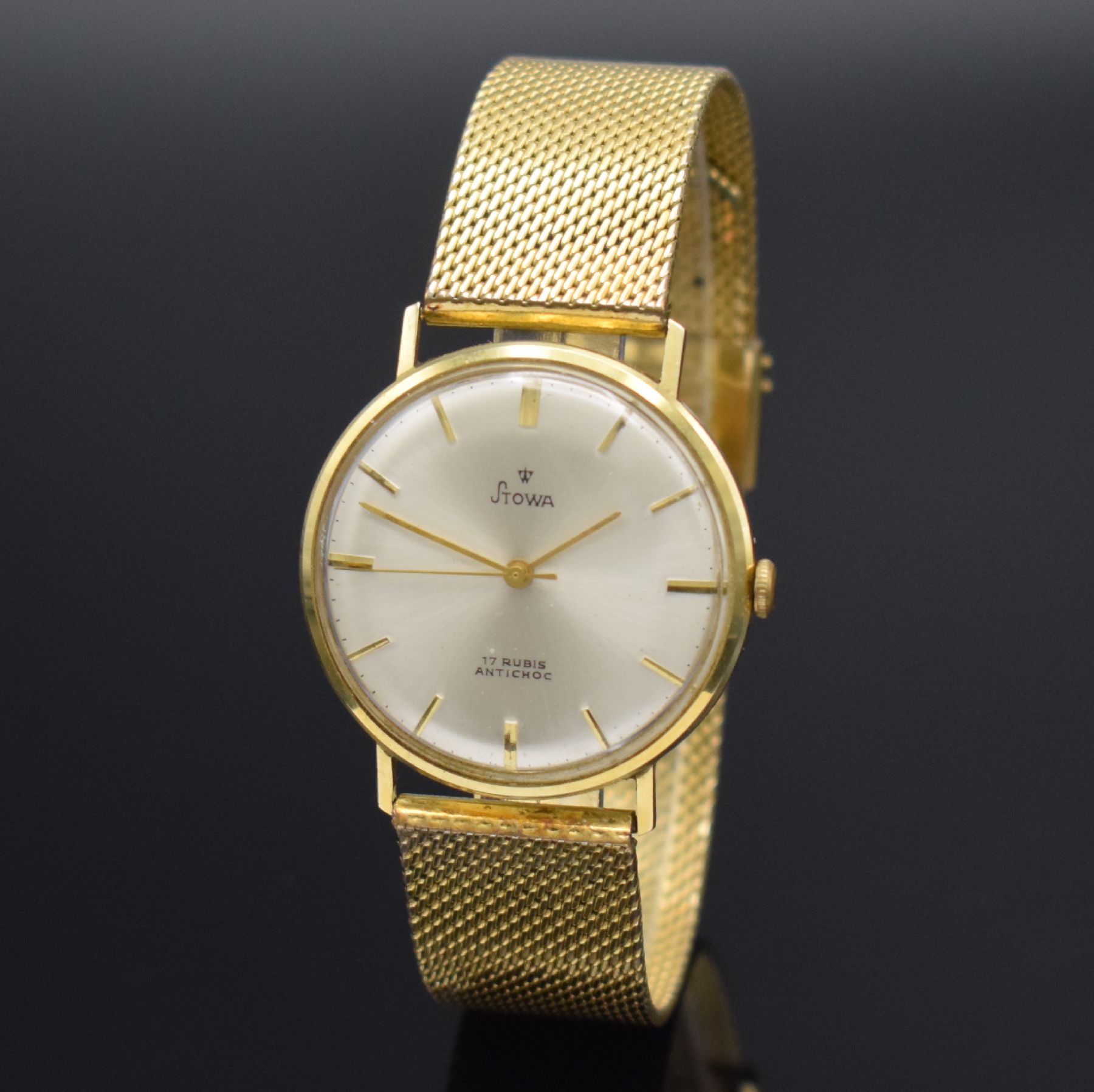 Detail b: STOWA Herrenarmbanduhr in GG 585/000, Deutschland um 1965, Handaufzug, Boden aufgedr., verg. Band, vers. Zifferbl. m. gold. Ind. & Zeigern, Kal. PUW ...