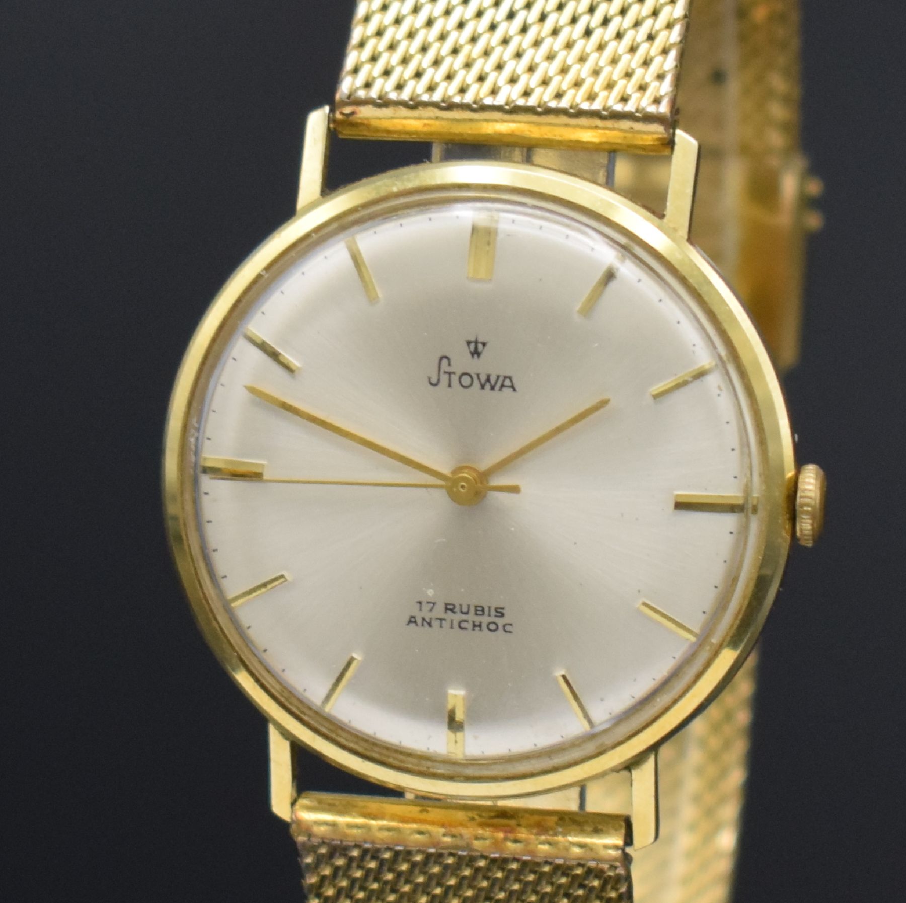 Detail c: STOWA Herrenarmbanduhr in GG 585/000, Deutschland um 1965, Handaufzug, Boden aufgedr., verg. Band, vers. Zifferbl. m. gold. Ind. & Zeigern, Kal. PUW ...