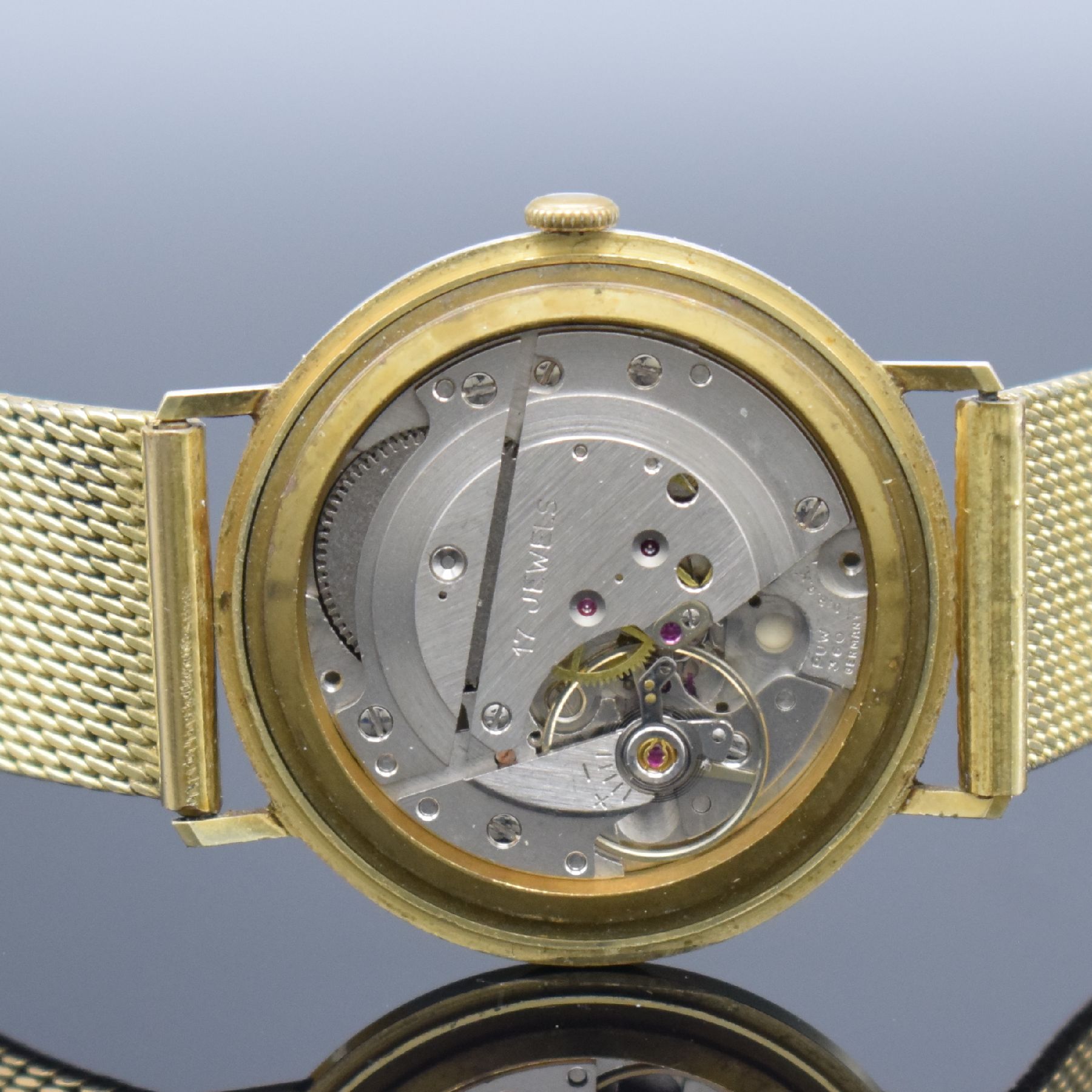 Detail f: STOWA Herrenarmbanduhr in GG 585/000, Deutschland um 1965, Handaufzug, Boden aufgedr., verg. Band, vers. Zifferbl. m. gold. Ind. & Zeigern, Kal. PUW ...