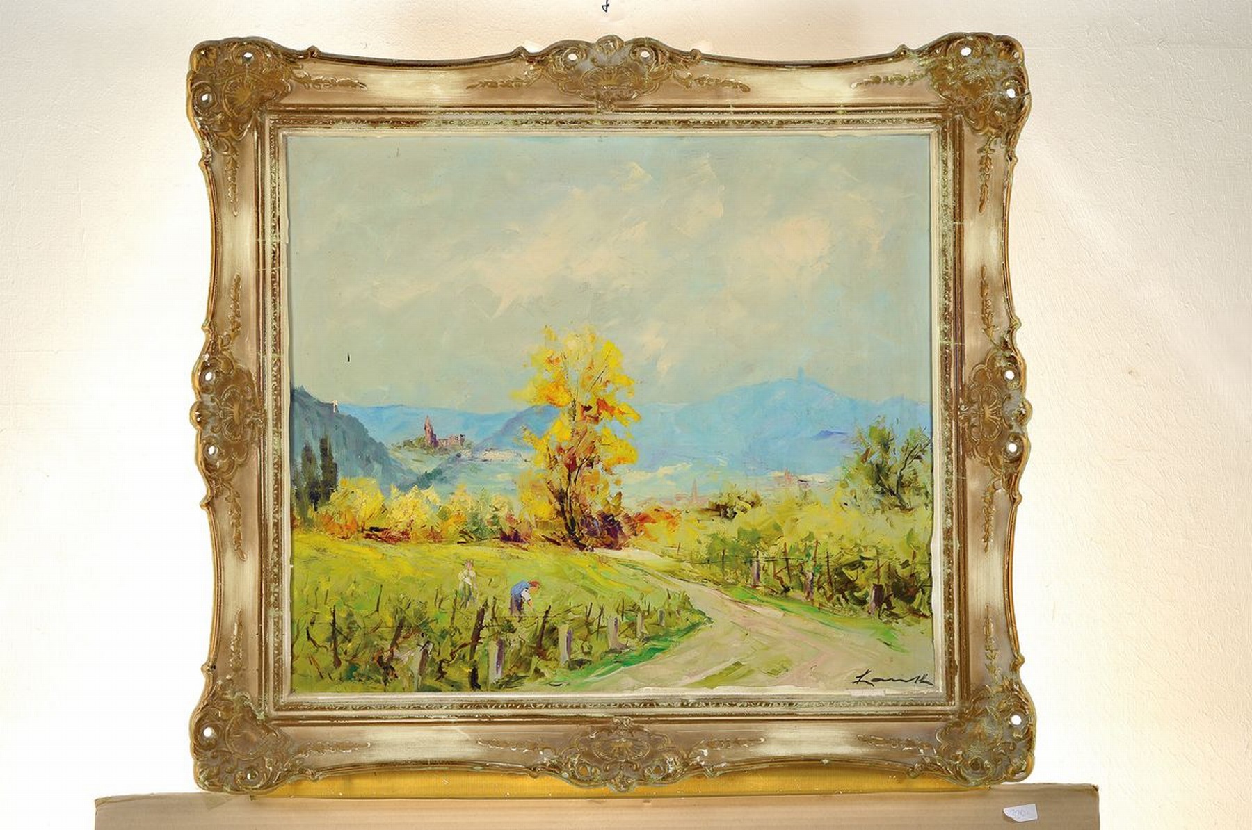Detail k: Robert Lauth, 1896 - 1985 Ludwigshafen, "Blick auf die Limburg", idealisierte Darstellung, im Vordergrund: Winzer im Wingert, im Dunst ...