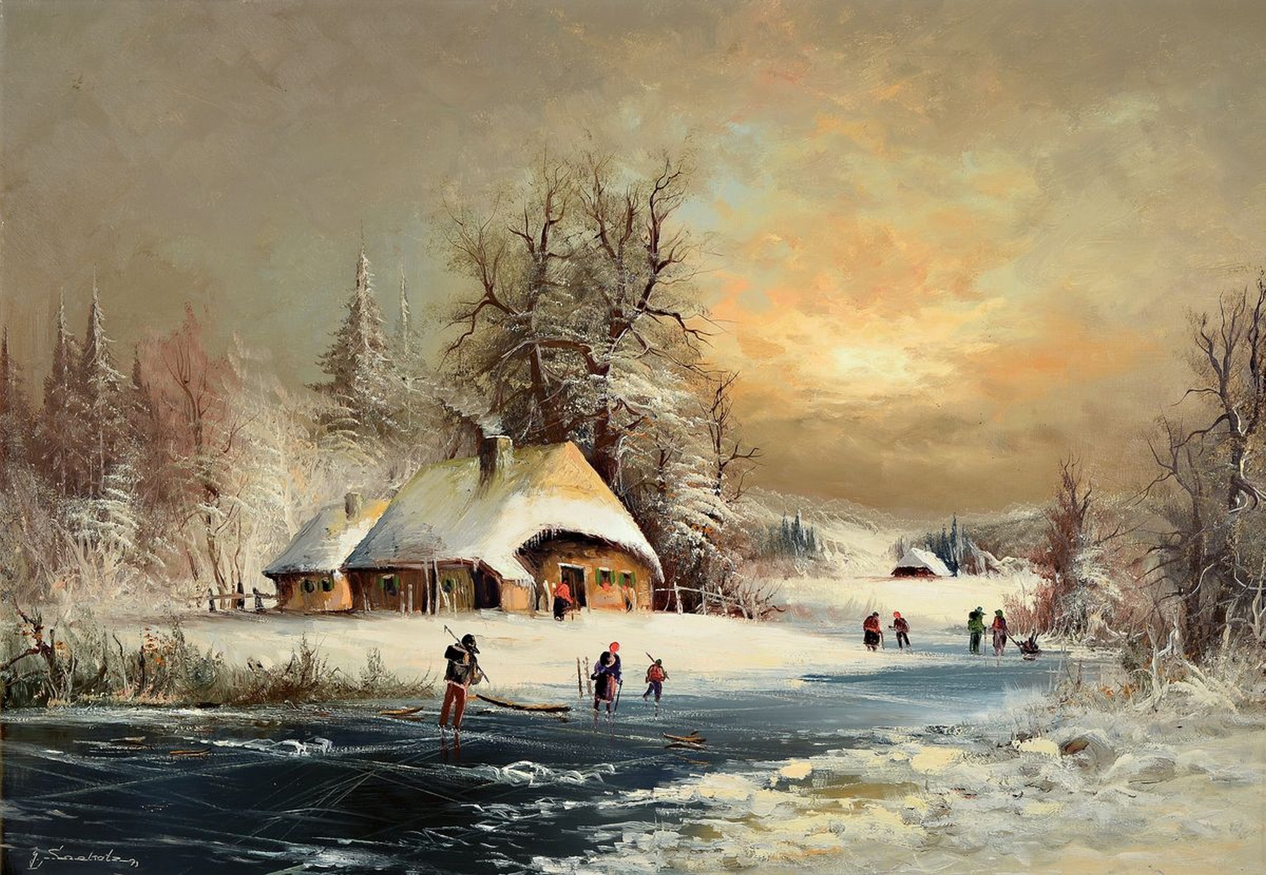 Gunter Seekatz, geb. 1928 Langenberg, Besuch der Kunsthochschule Folkwang, Eisvergnügen, nach niederländischem Vorbild, atmosphärische ...