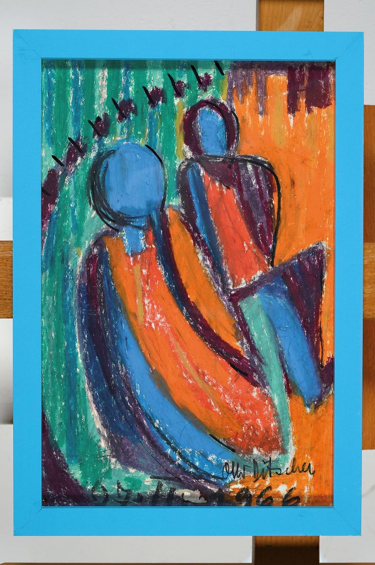 Detail k: Otto Ditscher, 1904 Neuhofen - 1987 ebenda, Figurengruppe in kräftigen Kontrastfarben, Pastell/Papier, signiert u. datiert 1966, unter Glas gerahmt, ...