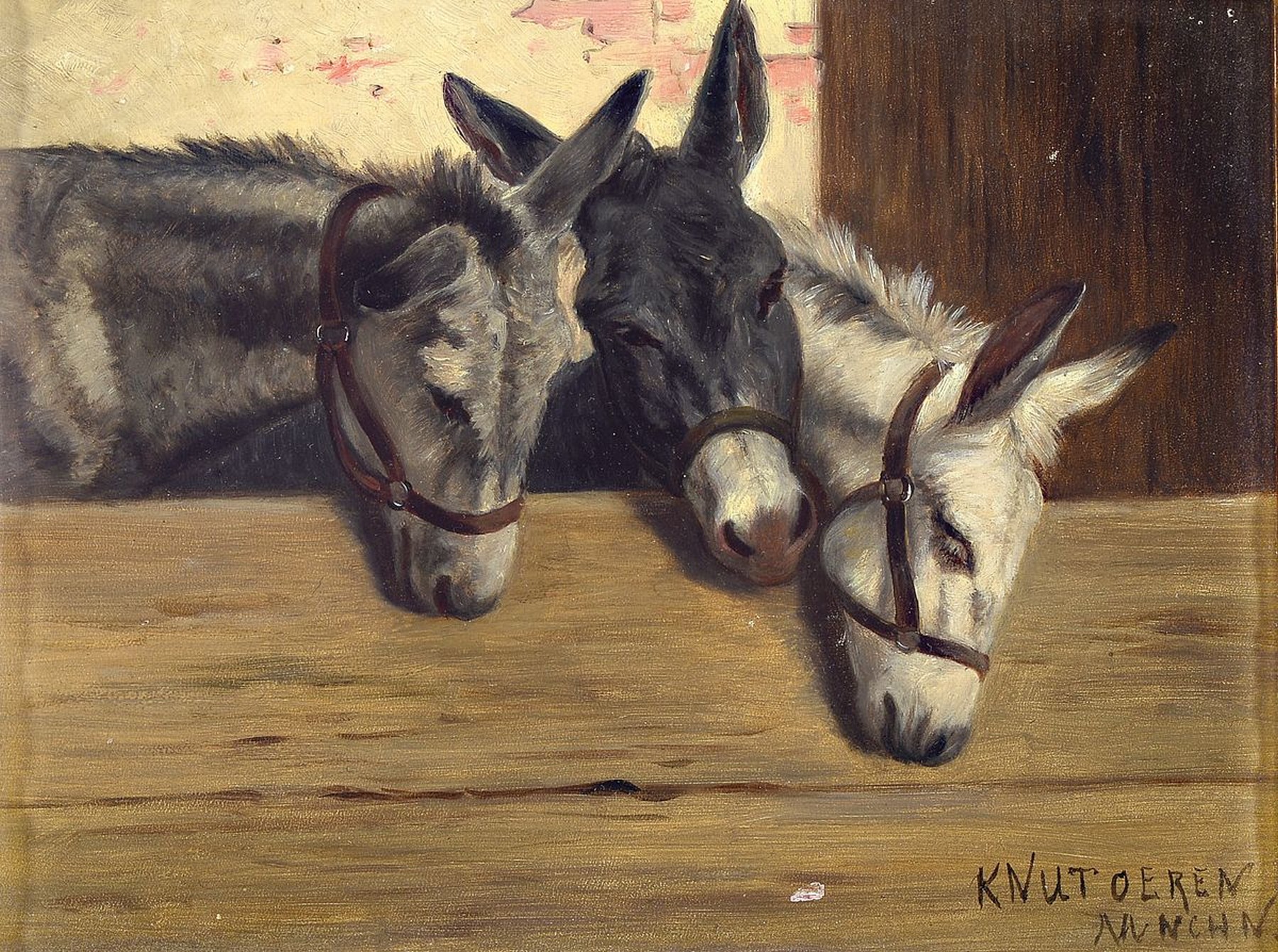 Knut Oeren, Münchener Maler und Grafiker, um 1900, drei Esel schauen über den Zaun, Öl/Holz, rechts unten signiert, kleine Farbfehlstelle unten, ...