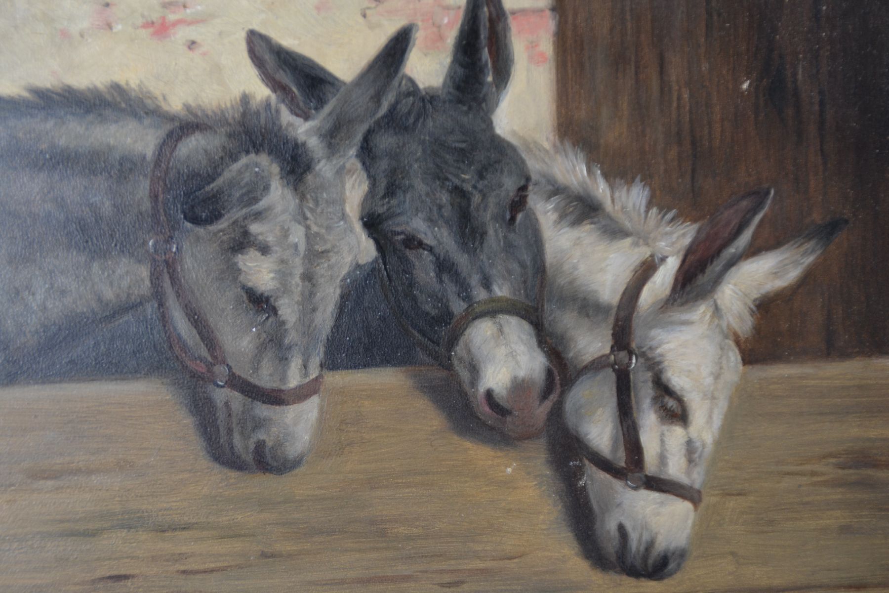 Detail d: Knut Oeren, Münchener Maler und Grafiker, um 1900, drei Esel schauen über den Zaun, Öl/Holz, rechts unten signiert, kleine Farbfehlstelle unten, ...