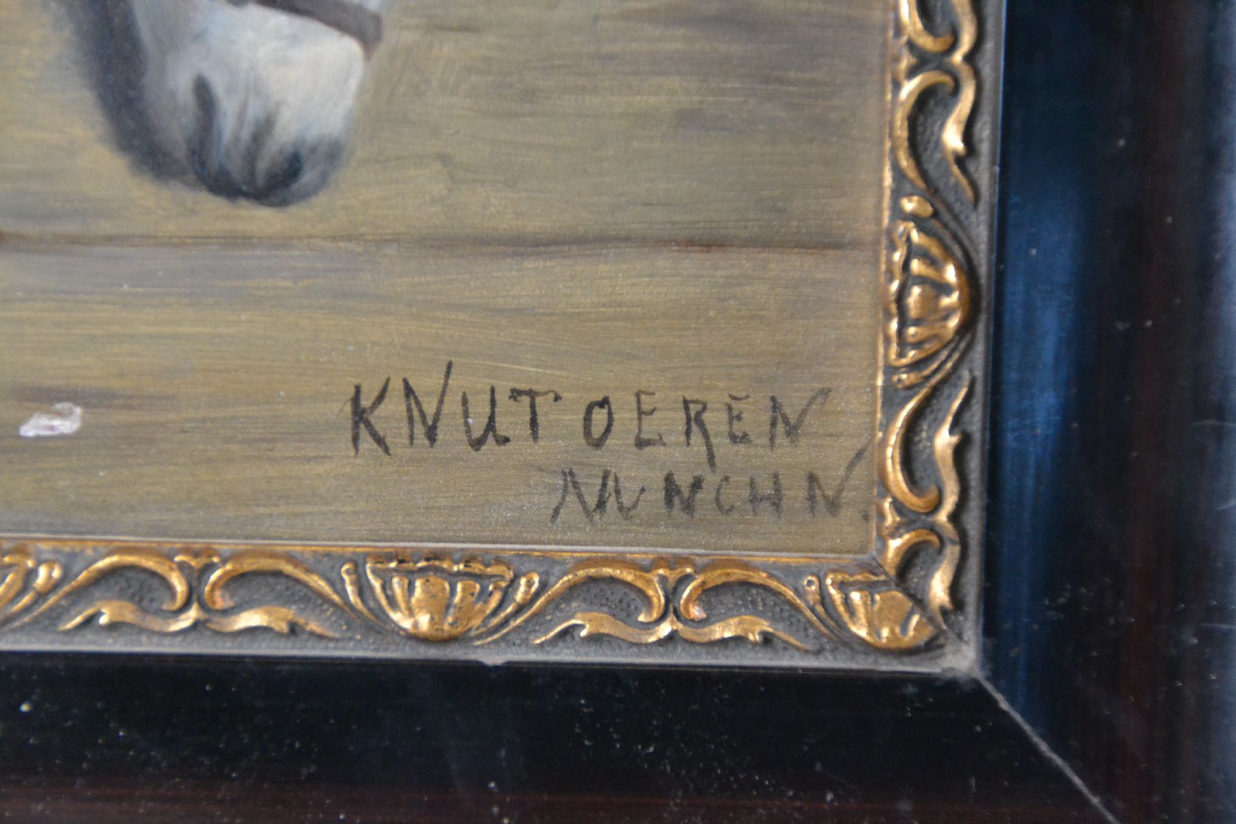 Detail e: Knut Oeren, Münchener Maler und Grafiker, um 1900, drei Esel schauen über den Zaun, Öl/Holz, rechts unten signiert, kleine Farbfehlstelle unten, ...