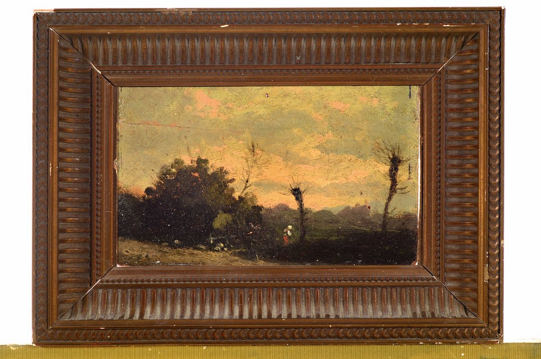 Detail k: Unbekannter Künstler, Schule von Barbizon, Frankreich, um 1900, Abendrot über Baum bestandener Landschaft, eine Bäuerin auf dem Heimweg, Öl/Holz, ...