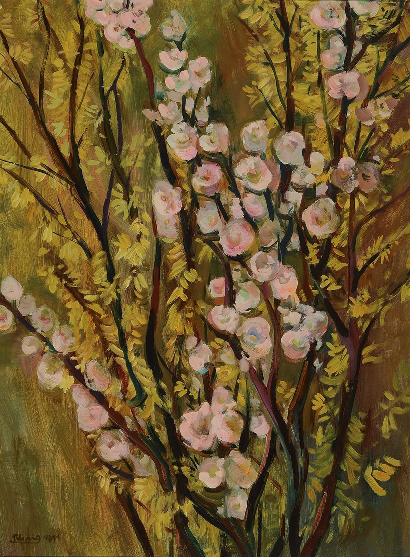 Erich Schug, 1906 Ludwigshafen - 1982 Bad Dürkheim, blühendes Geäst, Öl/Hartfaser, signiert und datiert 71, ca. 88x51cm, R. 104x94 cm
