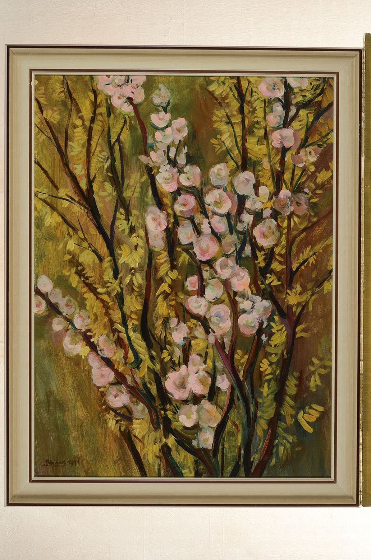 Detail k: Erich Schug, 1906 Ludwigshafen - 1982 Bad Dürkheim, blühendes Geäst, Öl/Hartfaser, signiert und datiert 71, ca. 88x51cm, R. 104x94 cm