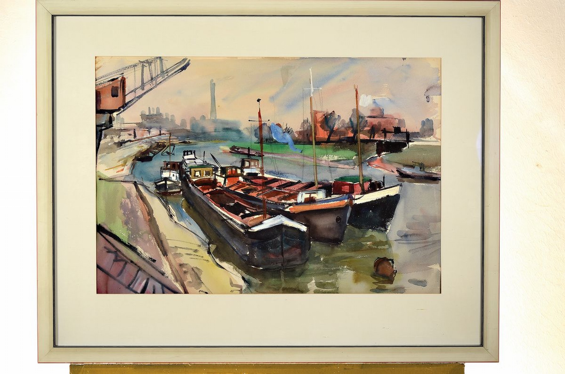 Detail k: Paul Löffler, 1938-1995 Mannheim, Lastkähne im Rheinhafen, Aquarell auf Papier, ca. 47x68cm, PP, u.Gl., R. ca. 72x91cm