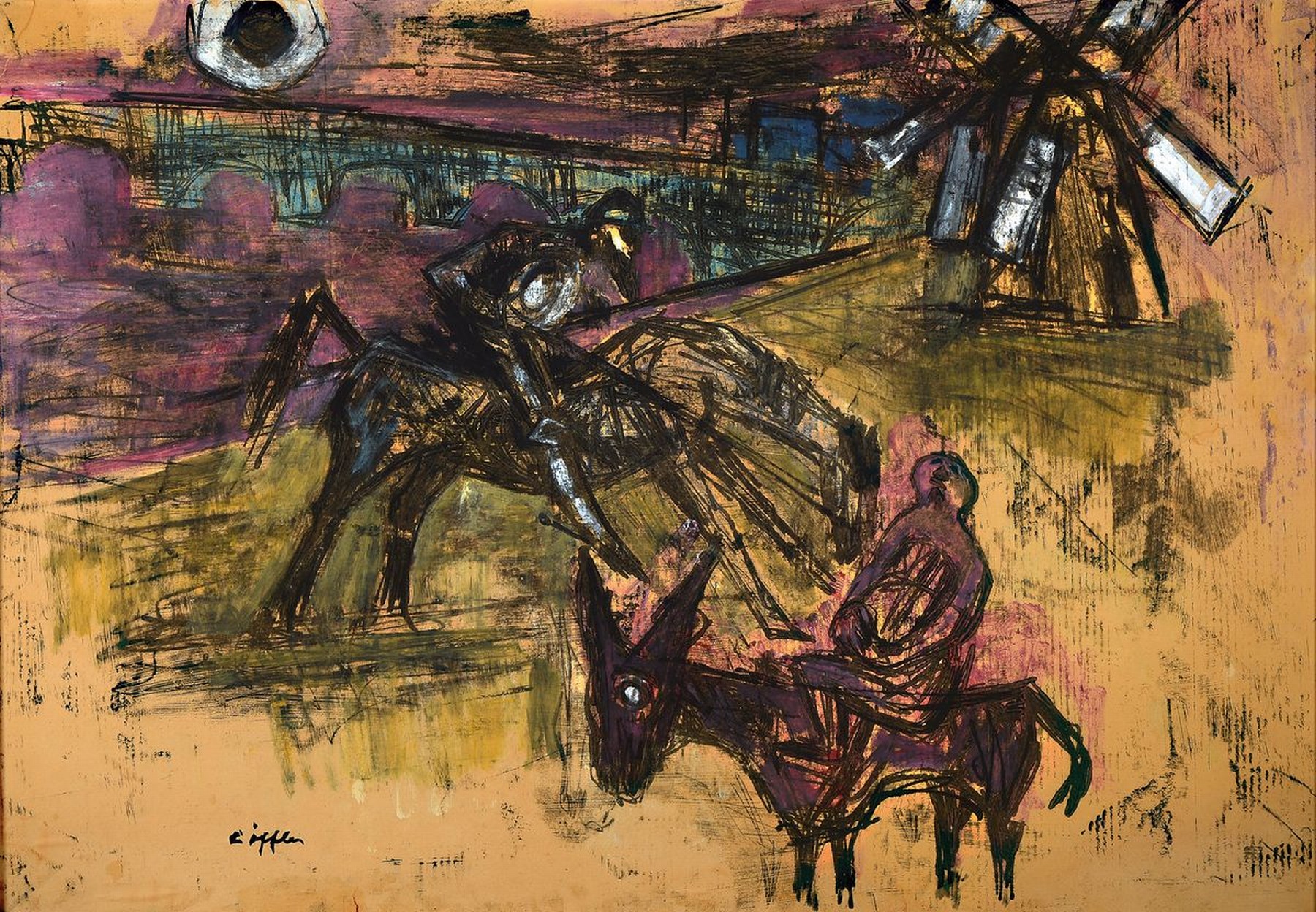 Paul Löffler, 1938-1995 Mannheim, Don Quichotte und Sancho Pansa, Kohlezeichnung z.T. bunt aquarelliert, links unten signiert, ca. 67x96cm, R. ca. ...