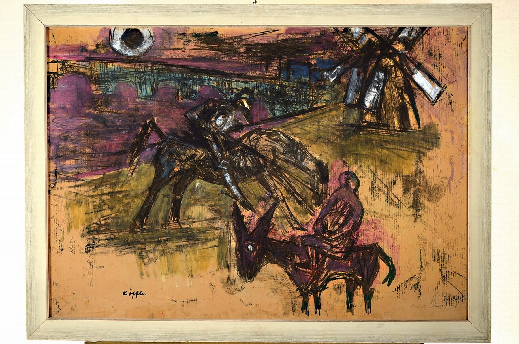 Detail k: Paul Löffler, 1938-1995 Mannheim, Don Quichotte und Sancho Pansa, Kohlezeichnung z.T. bunt aquarelliert, links unten signiert, ca. 67x96cm, R. ca. ...