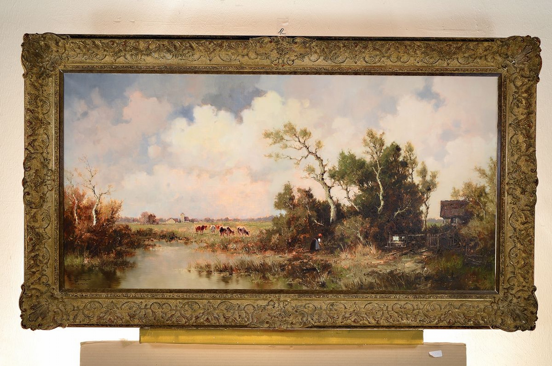 Detail k: Ernst Bröcker, 1893-1963 München, Weidende Kühe im Dachauer Moos, im Hintergrund ein Dorf, Öl/Lwd, links unten signiert, ca. 60x120cm, R. ca. ...