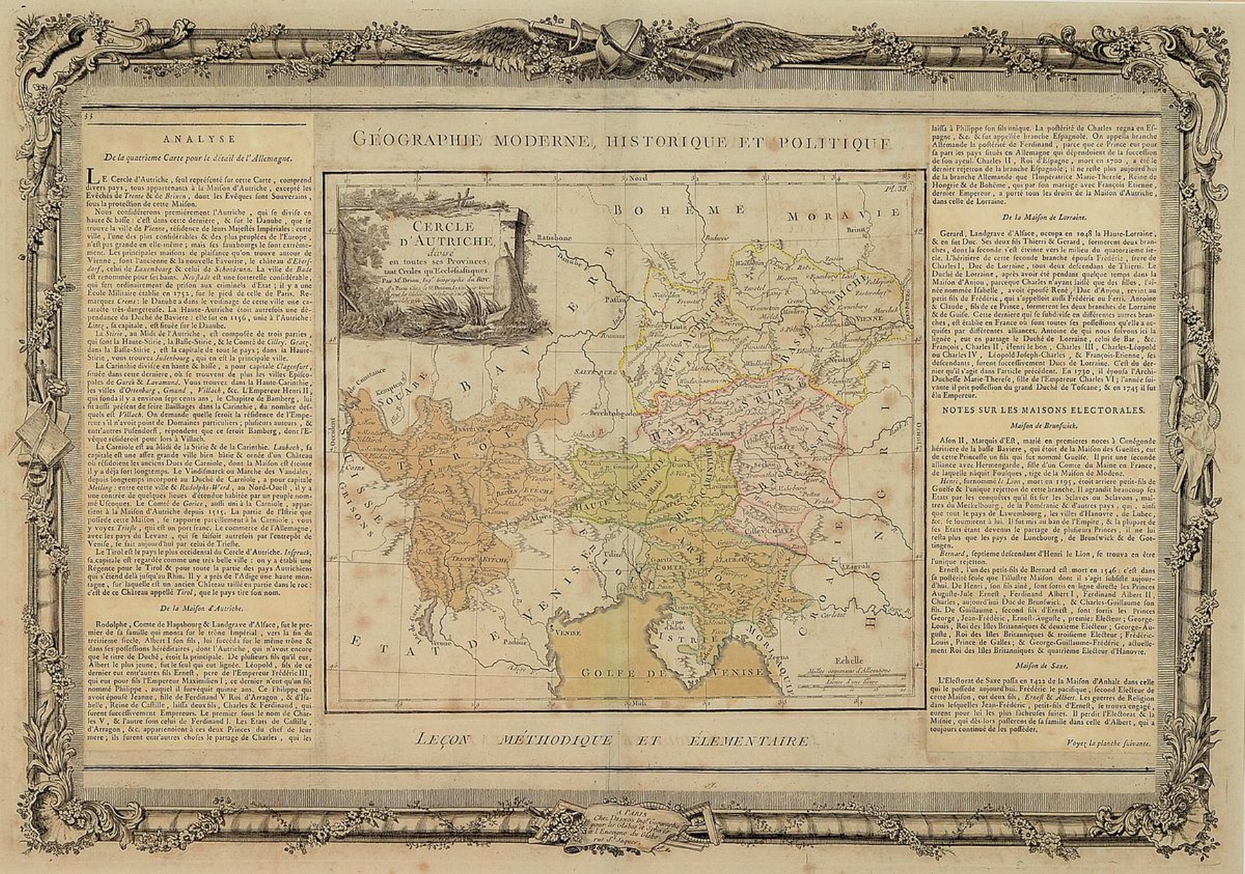 Kupferstichkarte von Louis-Charles Desnos, Paris, 1725-1805, Blick auf Österreich und umliegende Gebiete, mit ausführlichen Beschreibungen links ...