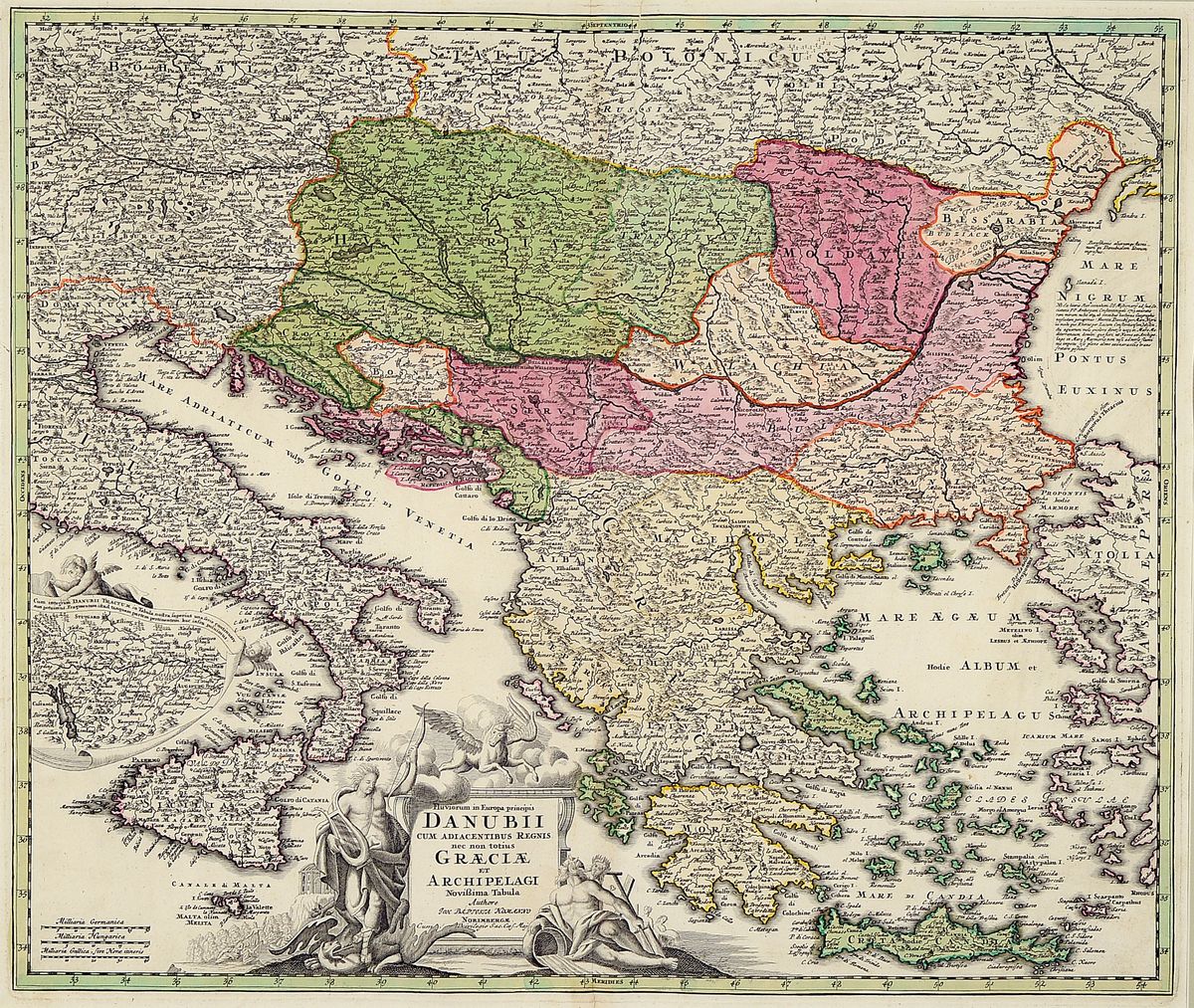 Detail a: 2 Kupferstichkarten aus dem 18. Jh., 1x Homanns Erben Nürnberg: Der Donauverlauf und Griechenland, teilkoloriert, Mittelbug, ca. 48x57cm, PP, u.Gl., ...