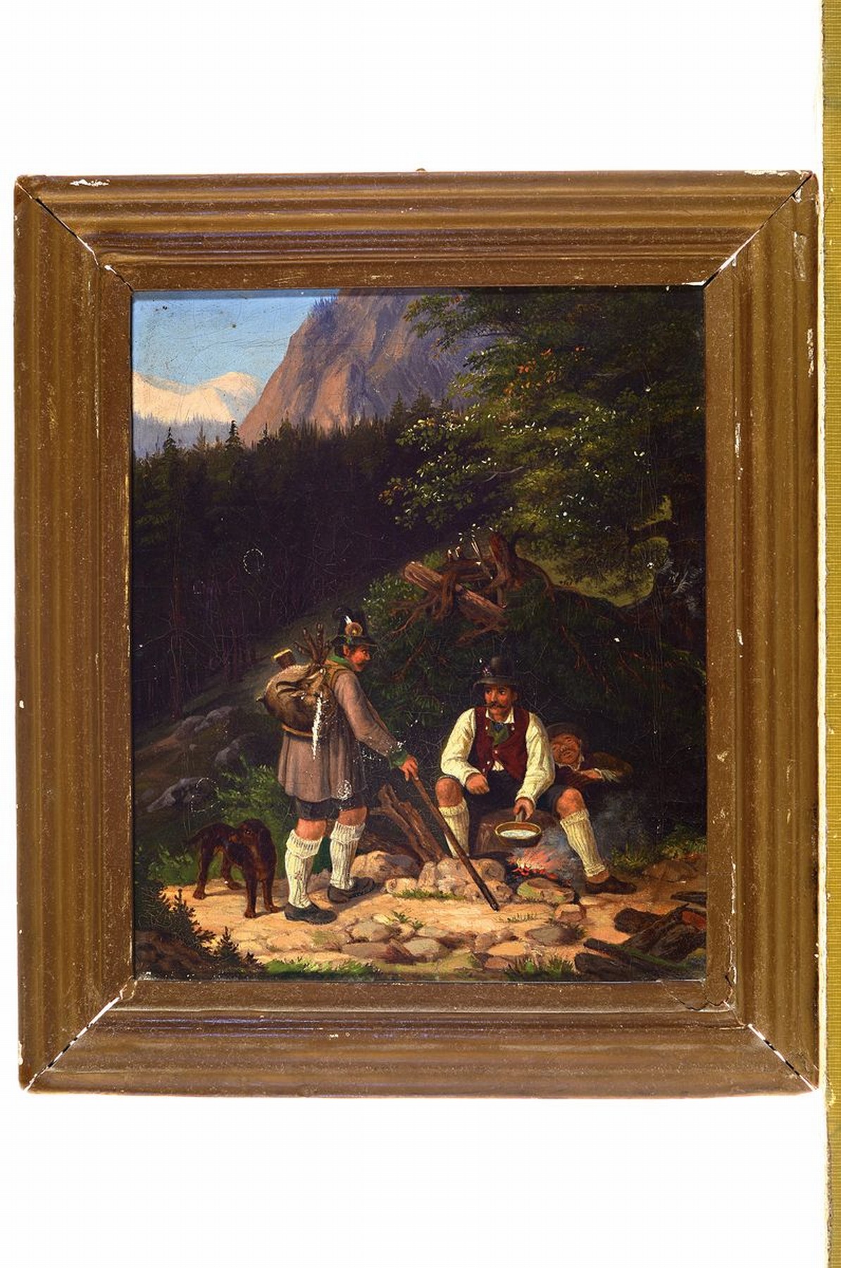 Detail k: Unbekannter Künstler, datiert 1851, drei Jäger oder Wilderer am Lagerfeuer, Öl/Lwd, lasierende Malerei mit großer Varianz in den Grüntönen, ...