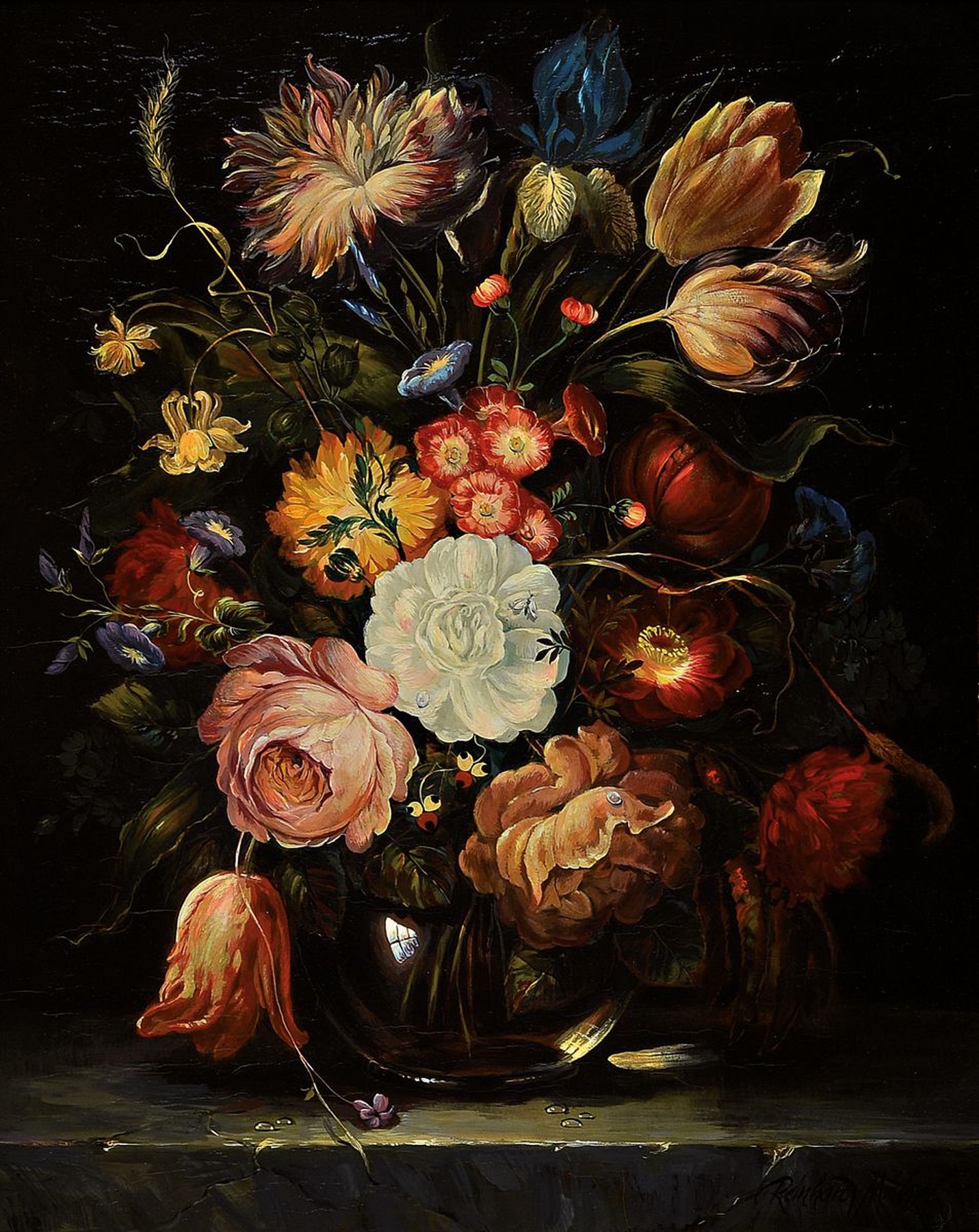 Reinhard Michel, geb. 1920, Traditionalist, üppiges Blumenstillleben im Stil der alten flämischen Meister, Öl/Holz, rechts unten signiert, ca. ...