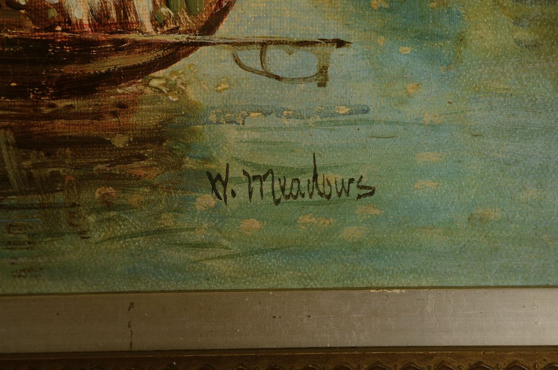 Detail l: W. Meadows, englischer Maler um 1900, Venedig, Ansicht vom Canale Grande, Öl/Lwd, impressionistische lichtdurchflutete Malerei, rechts unten ...