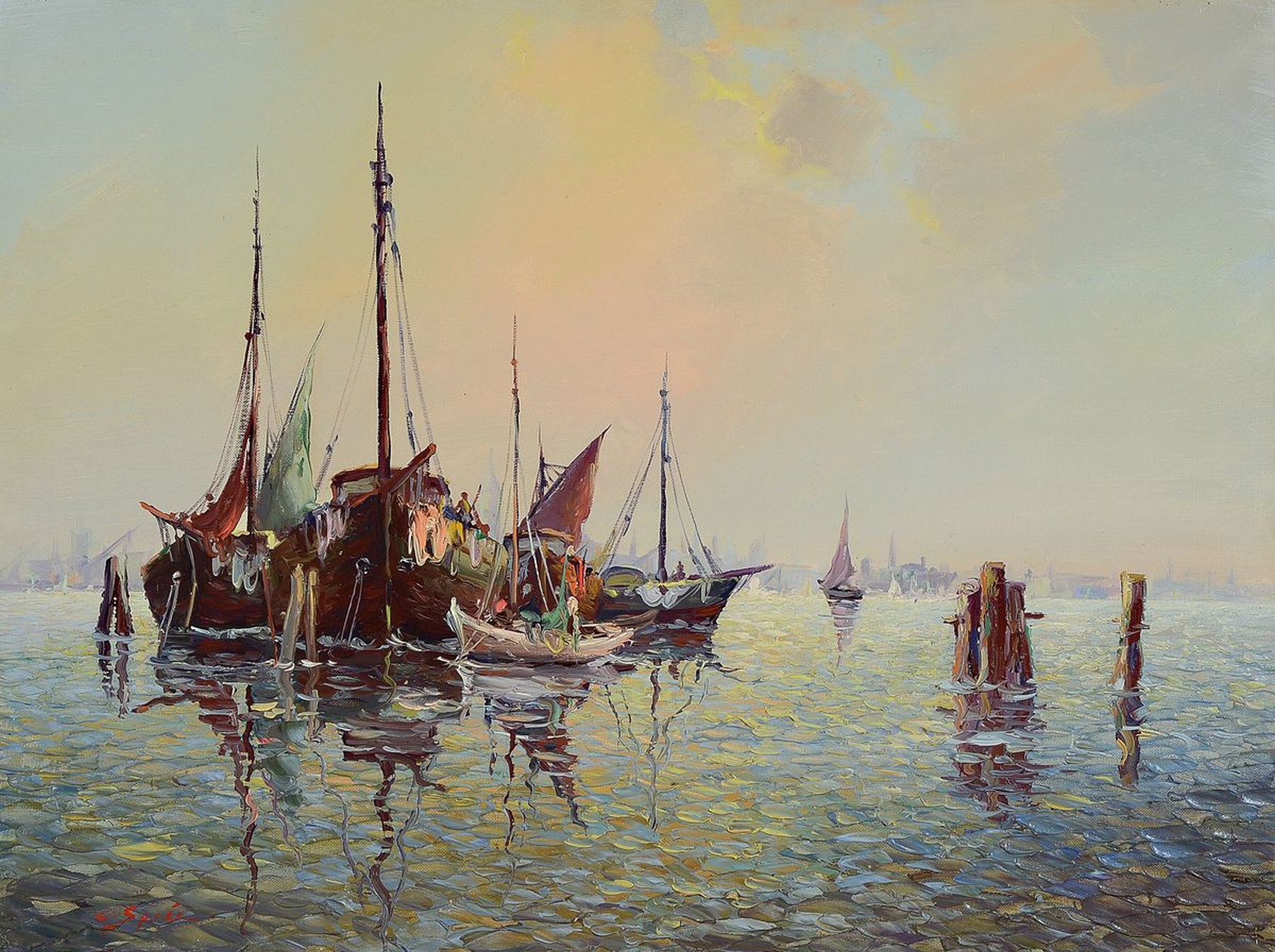 Carol Sprée, geb. 1907, Fischerboote vor dem Hafen, Öl/Lwd, expressive Malerei mit kräftigem Pinselduktus und pastosem Farbauftrag, links unten ...