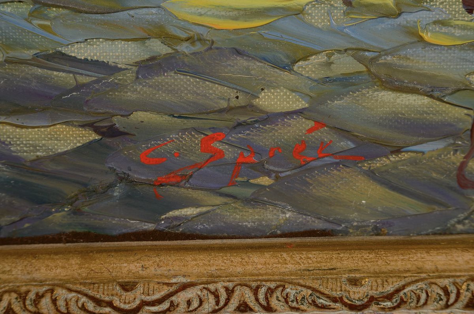 Detail a: Carol Sprée, geb. 1907, Fischerboote vor dem Hafen, Öl/Lwd, expressive Malerei mit kräftigem Pinselduktus und pastosem Farbauftrag, links unten ...