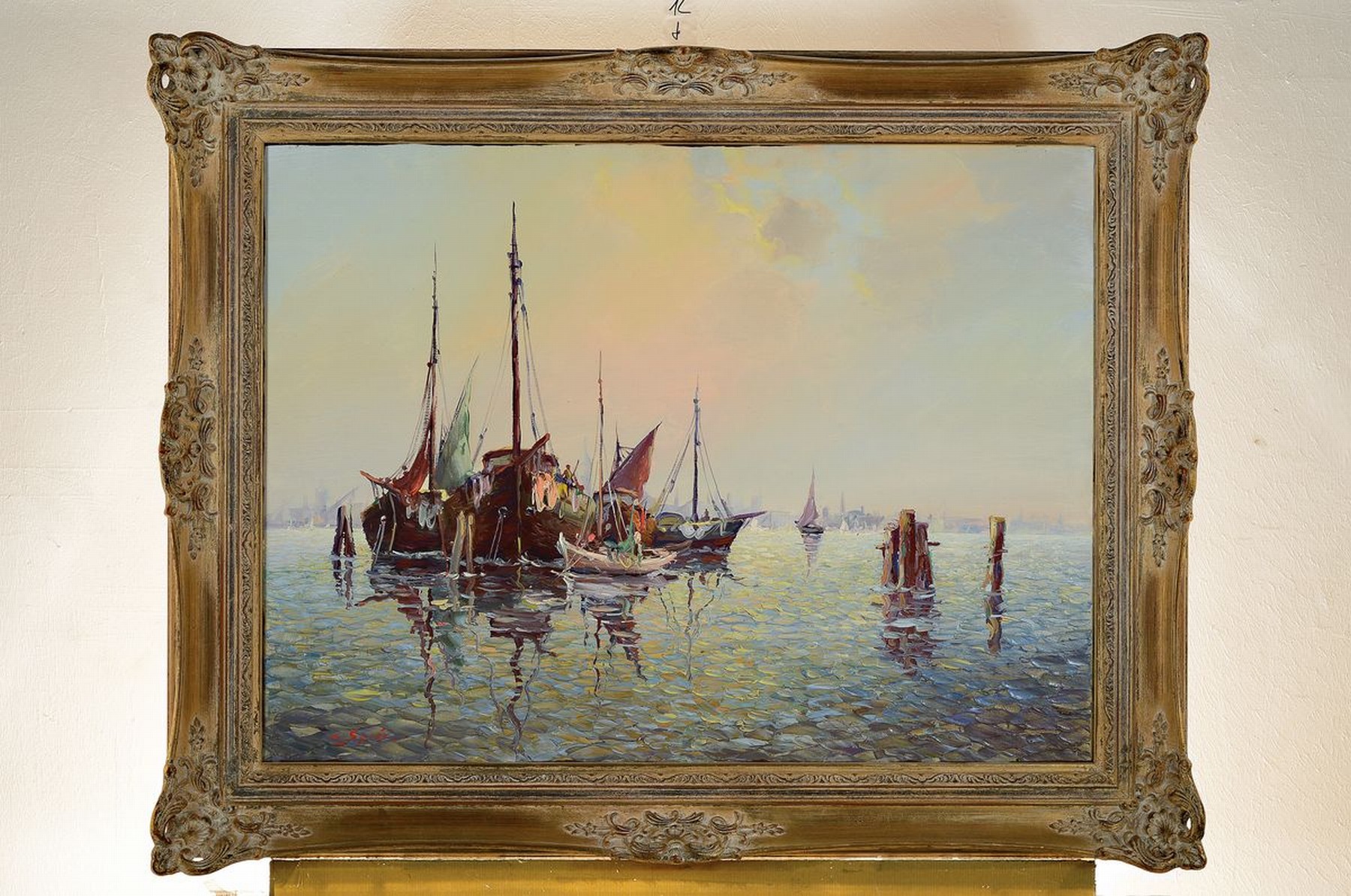 Detail k: Carol Sprée, geb. 1907, Fischerboote vor dem Hafen, Öl/Lwd, expressive Malerei mit kräftigem Pinselduktus und pastosem Farbauftrag, links unten ...