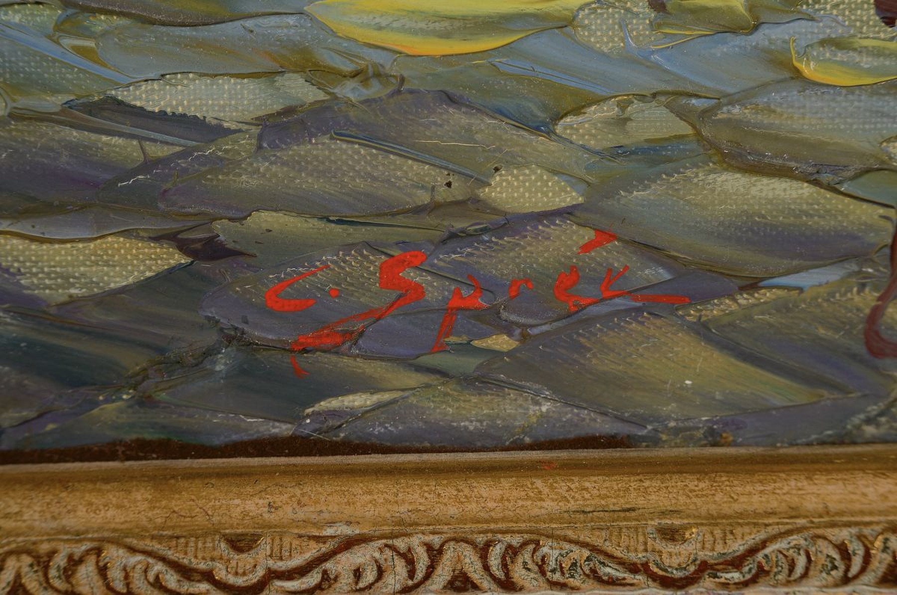Detail l: Carol Sprée, geb. 1907, Fischerboote vor dem Hafen, Öl/Lwd, expressive Malerei mit kräftigem Pinselduktus und pastosem Farbauftrag, links unten ...