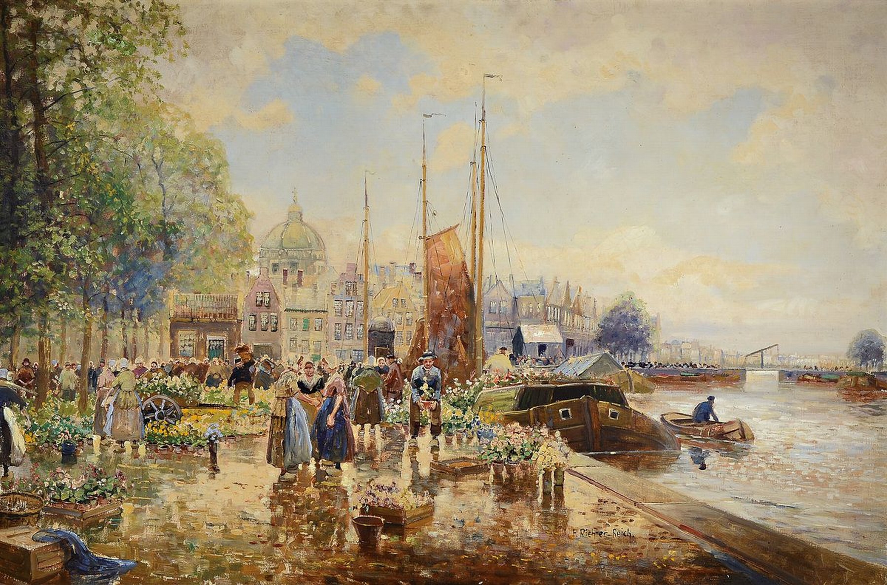 Franz Max Richter-Reich, 1896 Berlin-1950 Hamburg, Holländischer Blumenmarkt an der Gracht, Öl/Lwd, rechts unten signiert, ca. 80x120cm, R. ca. ...