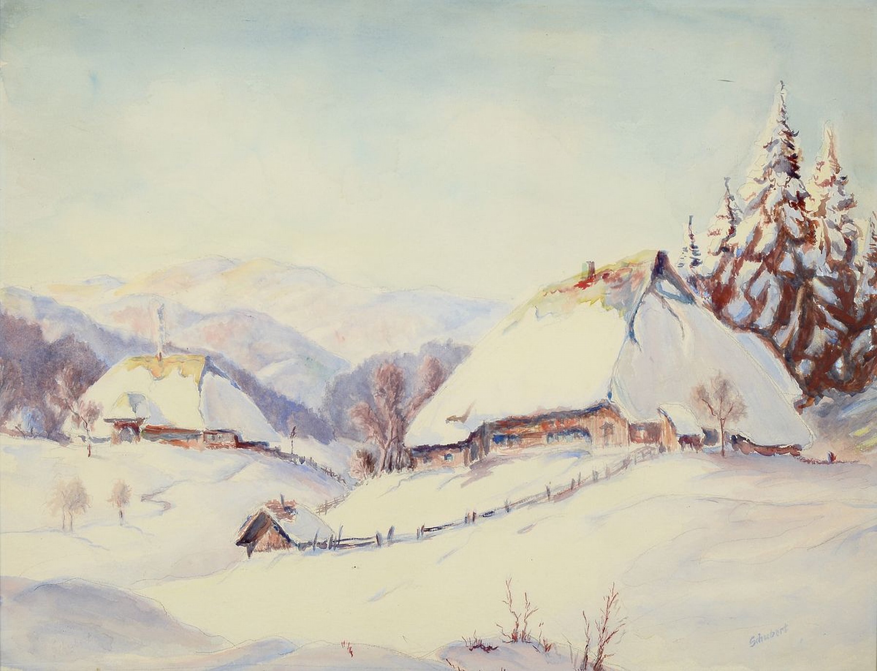 Schubert, Maler der 1930er/1940er Jahre, Häuser im Schnee, Aquarell über Bleistift auf Papier, rechts unten signiert, ca. 46x 60cm, u.Gl., R. ca. ...