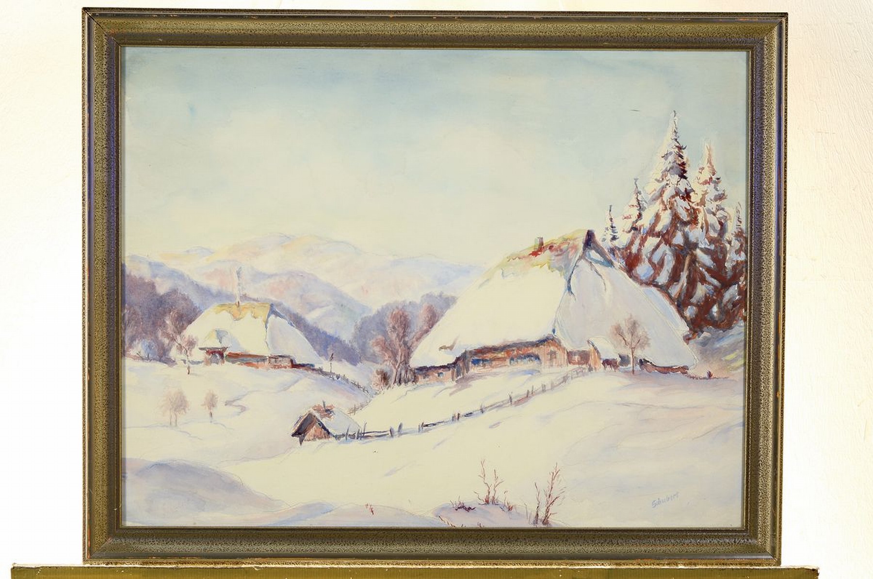 Detail k: Schubert, Maler der 1930er/1940er Jahre, Häuser im Schnee, Aquarell über Bleistift auf Papier, rechts unten signiert, ca. 46x 60cm, u.Gl., R. ca. ...