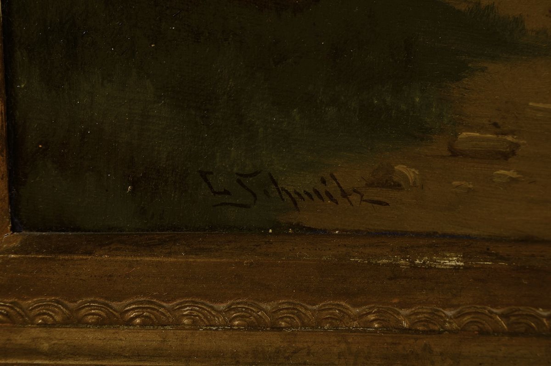 Detail a: L. Schmitz, deutscher Maler der 2. Hälfte des 19. Jh., Vollmond über einer Küstenlandschaft mit Fischerboot und beleuchtetem Haus, Öl/Lwd, links ...