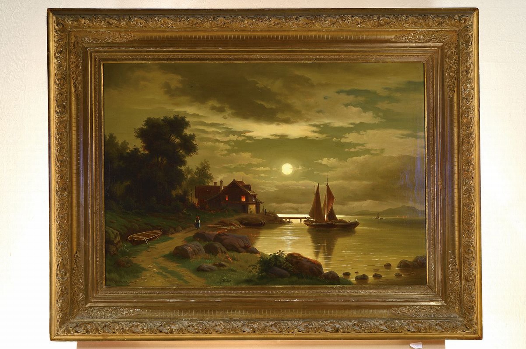 Detail k: L. Schmitz, deutscher Maler der 2. Hälfte des 19. Jh., Vollmond über einer Küstenlandschaft mit Fischerboot und beleuchtetem Haus, Öl/Lwd, links ...