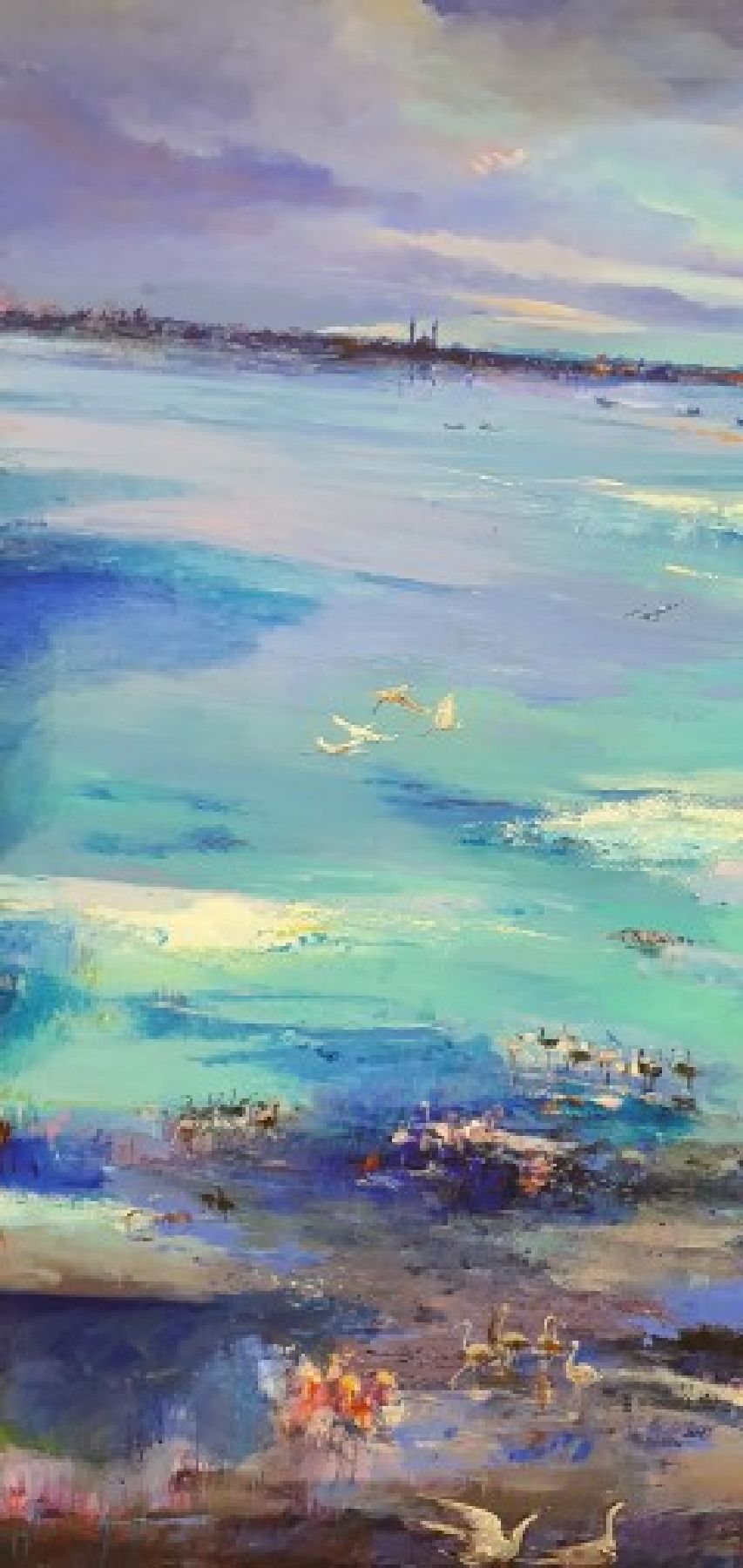 Detail c: Abbas Al-Mosawi, geb. 1952 Bahrain, Schüler von Ahmed Baqer; von Vögeln belebte Küstenlandschaft Bahrains, romantisierendes Porträt der ...