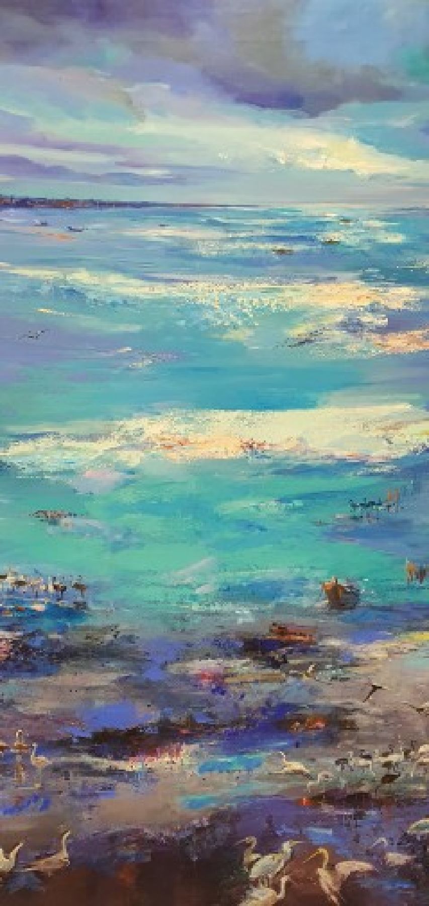 Detail d: Abbas Al-Mosawi, geb. 1952 Bahrain, Schüler von Ahmed Baqer; von Vögeln belebte Küstenlandschaft Bahrains, romantisierendes Porträt der ...
