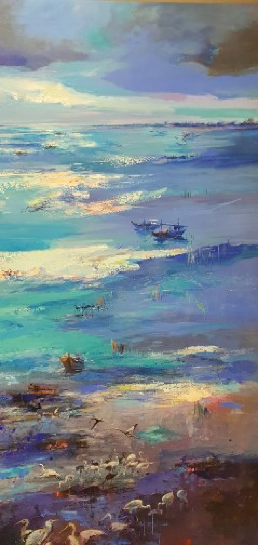 Detail e: Abbas Al-Mosawi, geb. 1952 Bahrain, Schüler von Ahmed Baqer; von Vögeln belebte Küstenlandschaft Bahrains, romantisierendes Porträt der ...