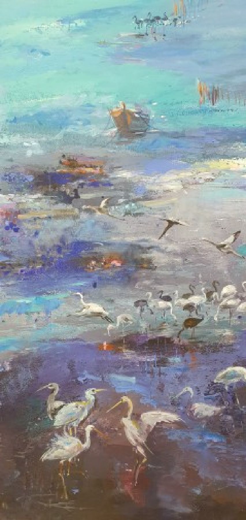 Detail g: Abbas Al-Mosawi, geb. 1952 Bahrain, Schüler von Ahmed Baqer; von Vögeln belebte Küstenlandschaft Bahrains, romantisierendes Porträt der ...