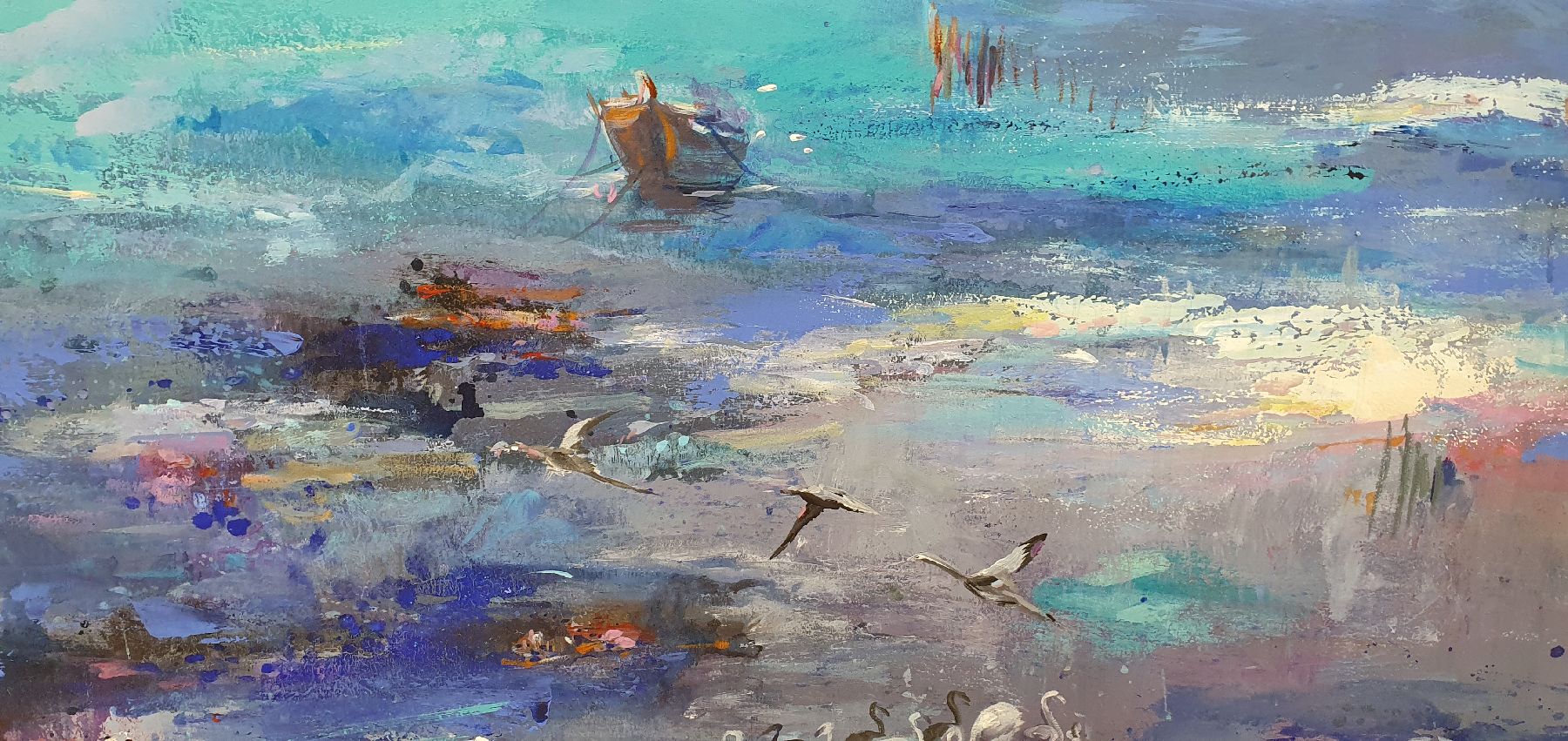 Detail l: Abbas Al-Mosawi, geb. 1952 Bahrain, Schüler von Ahmed Baqer; von Vögeln belebte Küstenlandschaft Bahrains, romantisierendes Porträt der ...