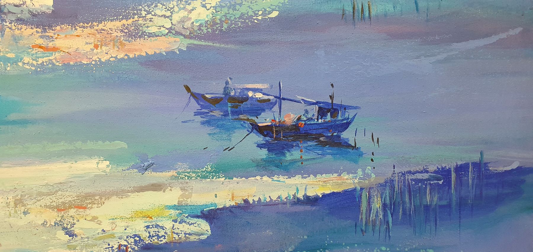 Detail m: Abbas Al-Mosawi, geb. 1952 Bahrain, Schüler von Ahmed Baqer; von Vögeln belebte Küstenlandschaft Bahrains, romantisierendes Porträt der ...
