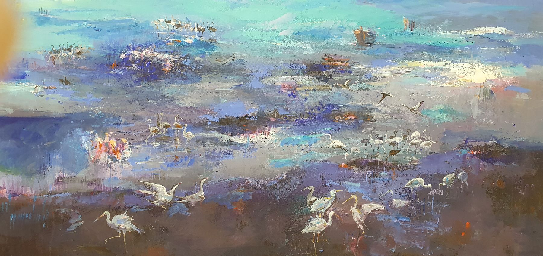 Detail p: Abbas Al-Mosawi, geb. 1952 Bahrain, Schüler von Ahmed Baqer; von Vögeln belebte Küstenlandschaft Bahrains, romantisierendes Porträt der ...