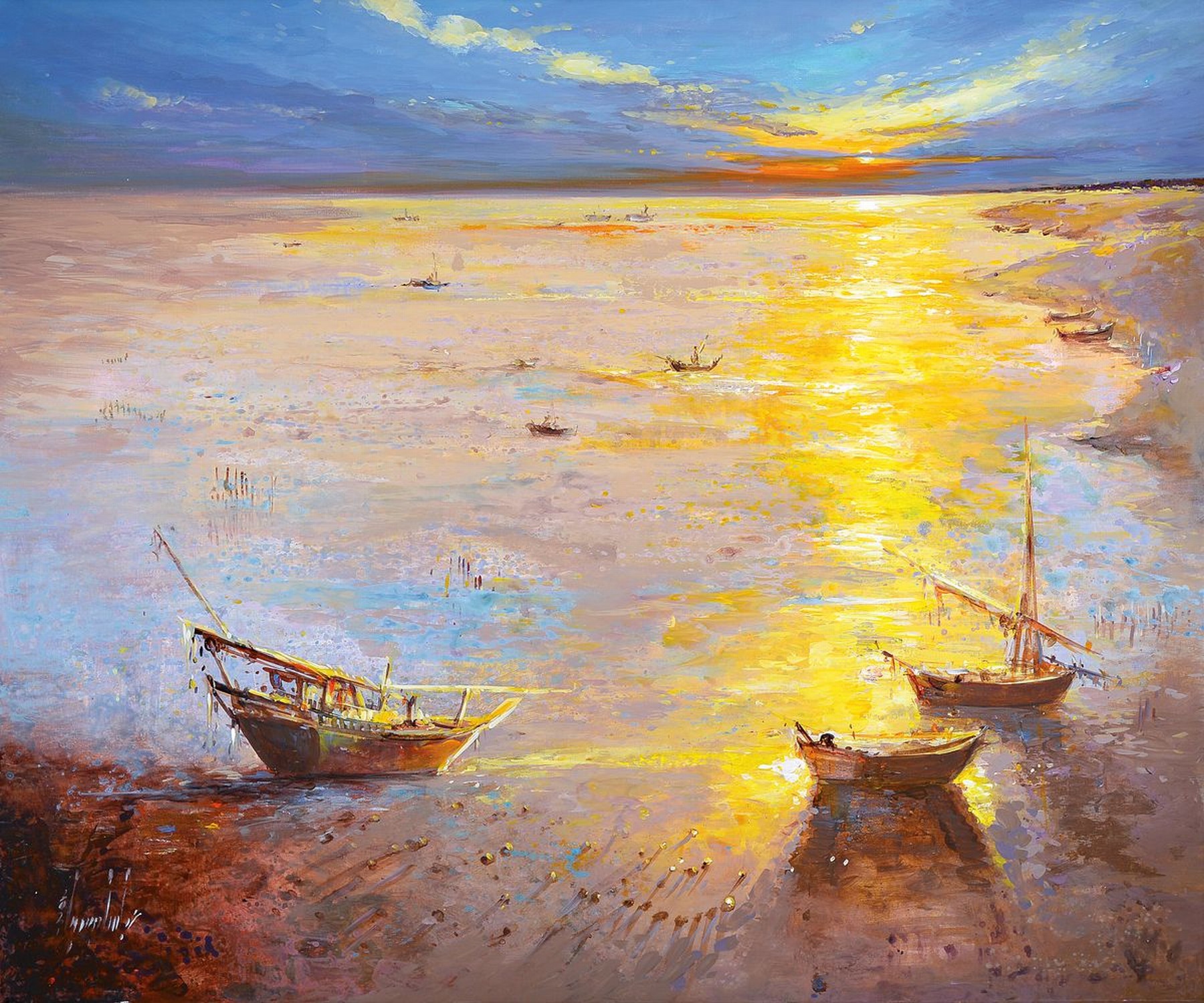 Abbas Al-Mosawi, geb. 1952 Bahrain, Blick auf die ruhige See mit Segelschiffen und Booten beim farbenprächtigen Sonnenuntergang, Acryl/Lwd, ...