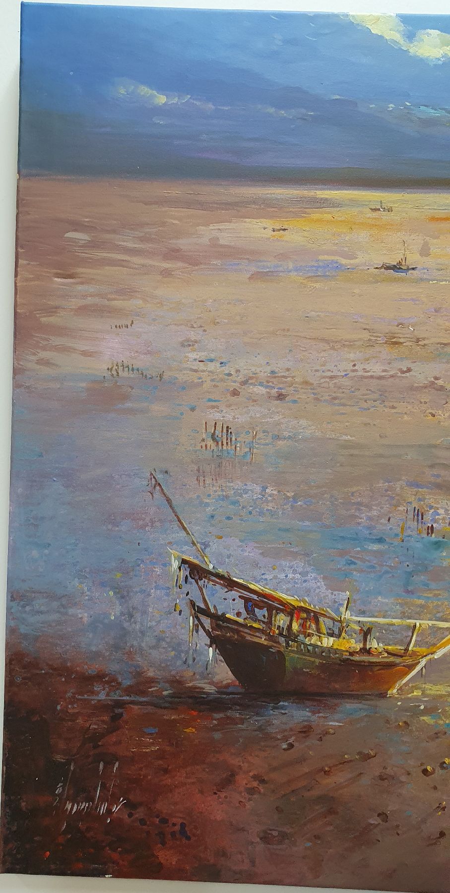 Detail b: Abbas Al-Mosawi, geb. 1952 Bahrain, Blick auf die ruhige See mit Segelschiffen und Booten beim farbenprächtigen Sonnenuntergang, Acryl/Lwd, ...