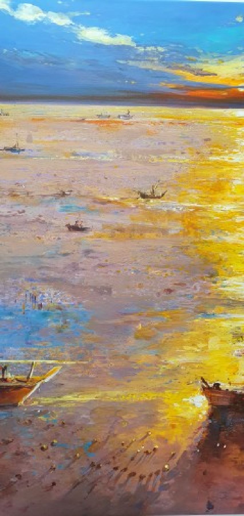 Detail c: Abbas Al-Mosawi, geb. 1952 Bahrain, Blick auf die ruhige See mit Segelschiffen und Booten beim farbenprächtigen Sonnenuntergang, Acryl/Lwd, ...