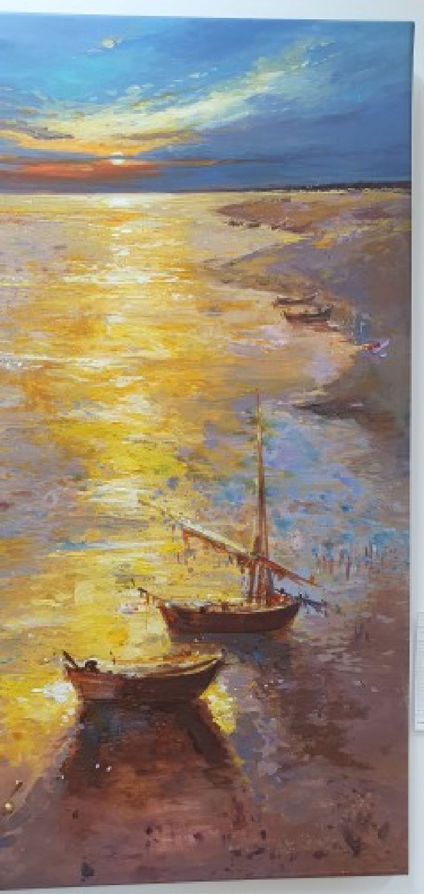 Detail d: Abbas Al-Mosawi, geb. 1952 Bahrain, Blick auf die ruhige See mit Segelschiffen und Booten beim farbenprächtigen Sonnenuntergang, Acryl/Lwd, ...