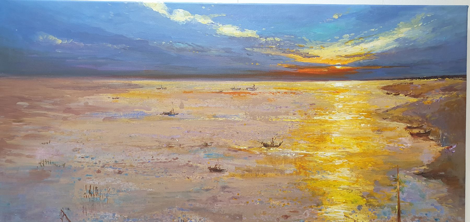 Detail e: Abbas Al-Mosawi, geb. 1952 Bahrain, Blick auf die ruhige See mit Segelschiffen und Booten beim farbenprächtigen Sonnenuntergang, Acryl/Lwd, ...