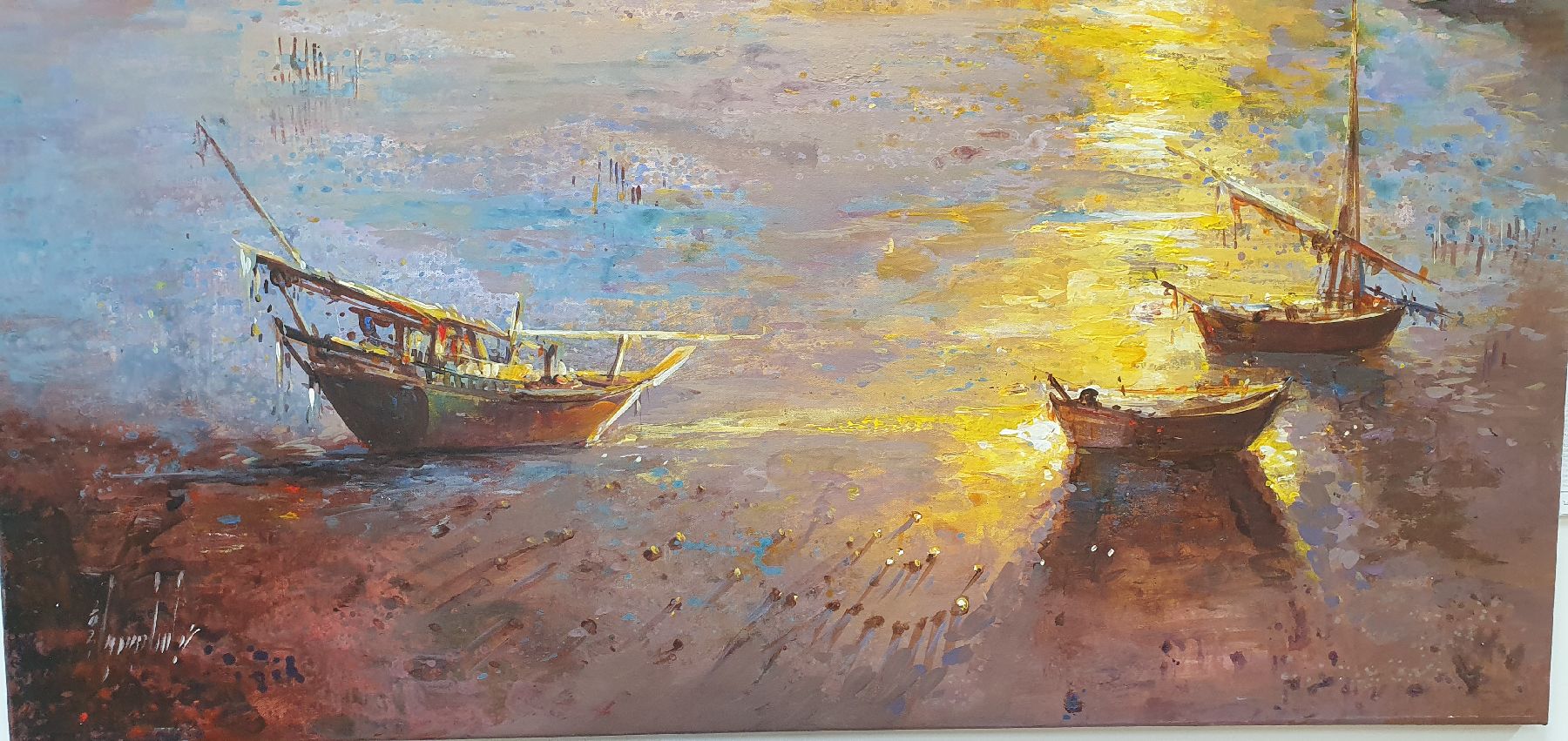 Detail f: Abbas Al-Mosawi, geb. 1952 Bahrain, Blick auf die ruhige See mit Segelschiffen und Booten beim farbenprächtigen Sonnenuntergang, Acryl/Lwd, ...