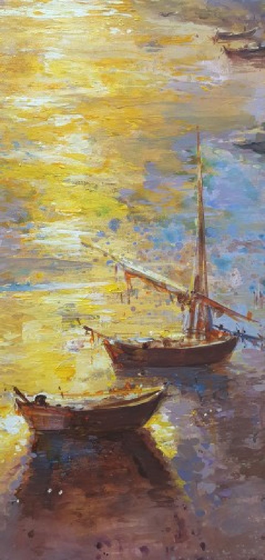 Detail g: Abbas Al-Mosawi, geb. 1952 Bahrain, Blick auf die ruhige See mit Segelschiffen und Booten beim farbenprächtigen Sonnenuntergang, Acryl/Lwd, ...