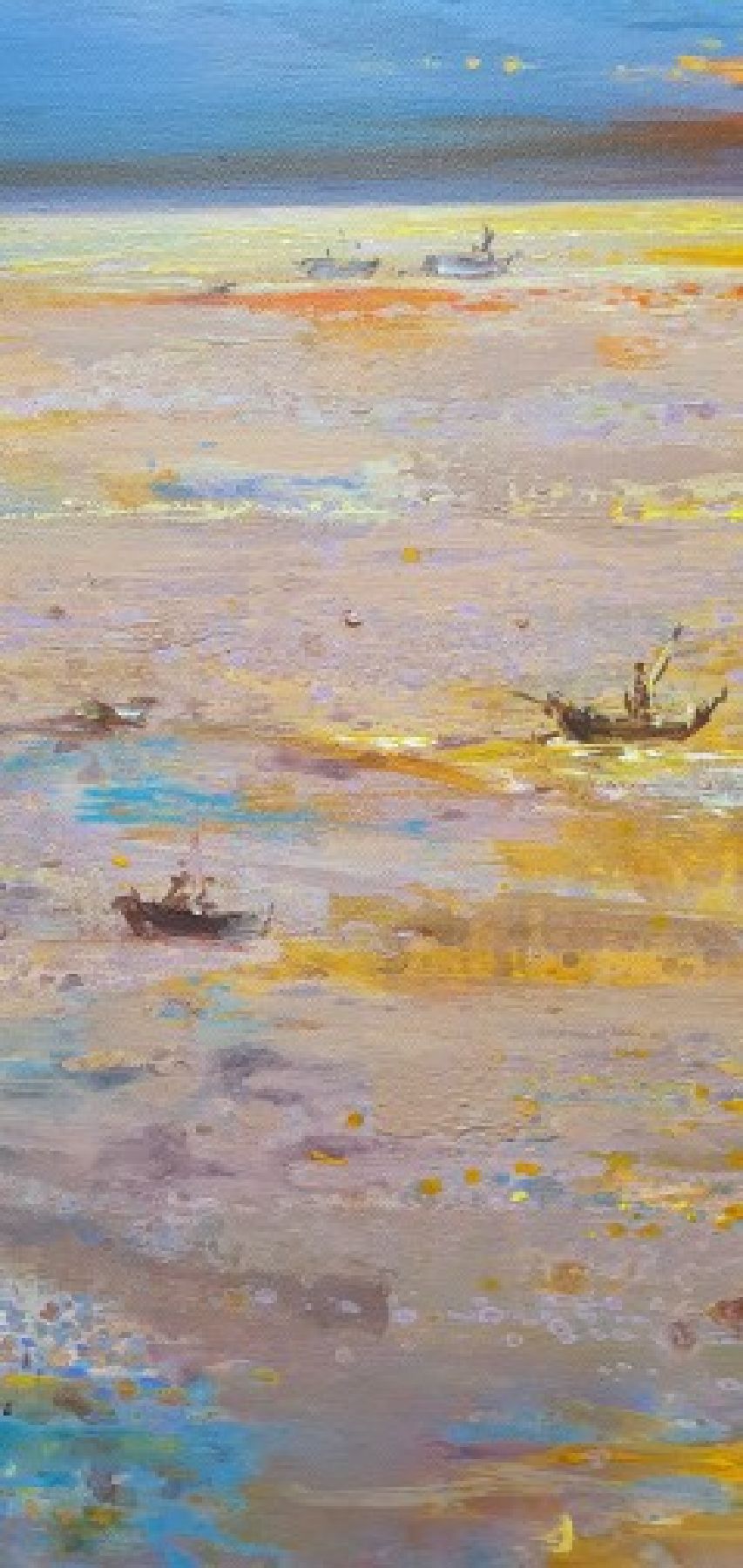 Detail h: Abbas Al-Mosawi, geb. 1952 Bahrain, Blick auf die ruhige See mit Segelschiffen und Booten beim farbenprächtigen Sonnenuntergang, Acryl/Lwd, ...