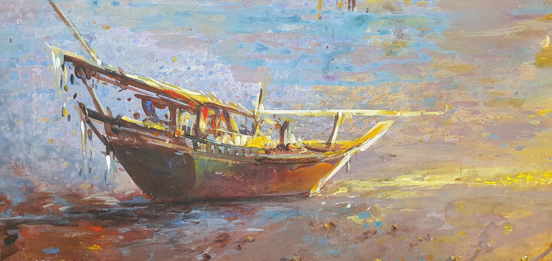 Detail i: Abbas Al-Mosawi, geb. 1952 Bahrain, Blick auf die ruhige See mit Segelschiffen und Booten beim farbenprächtigen Sonnenuntergang, Acryl/Lwd, ...