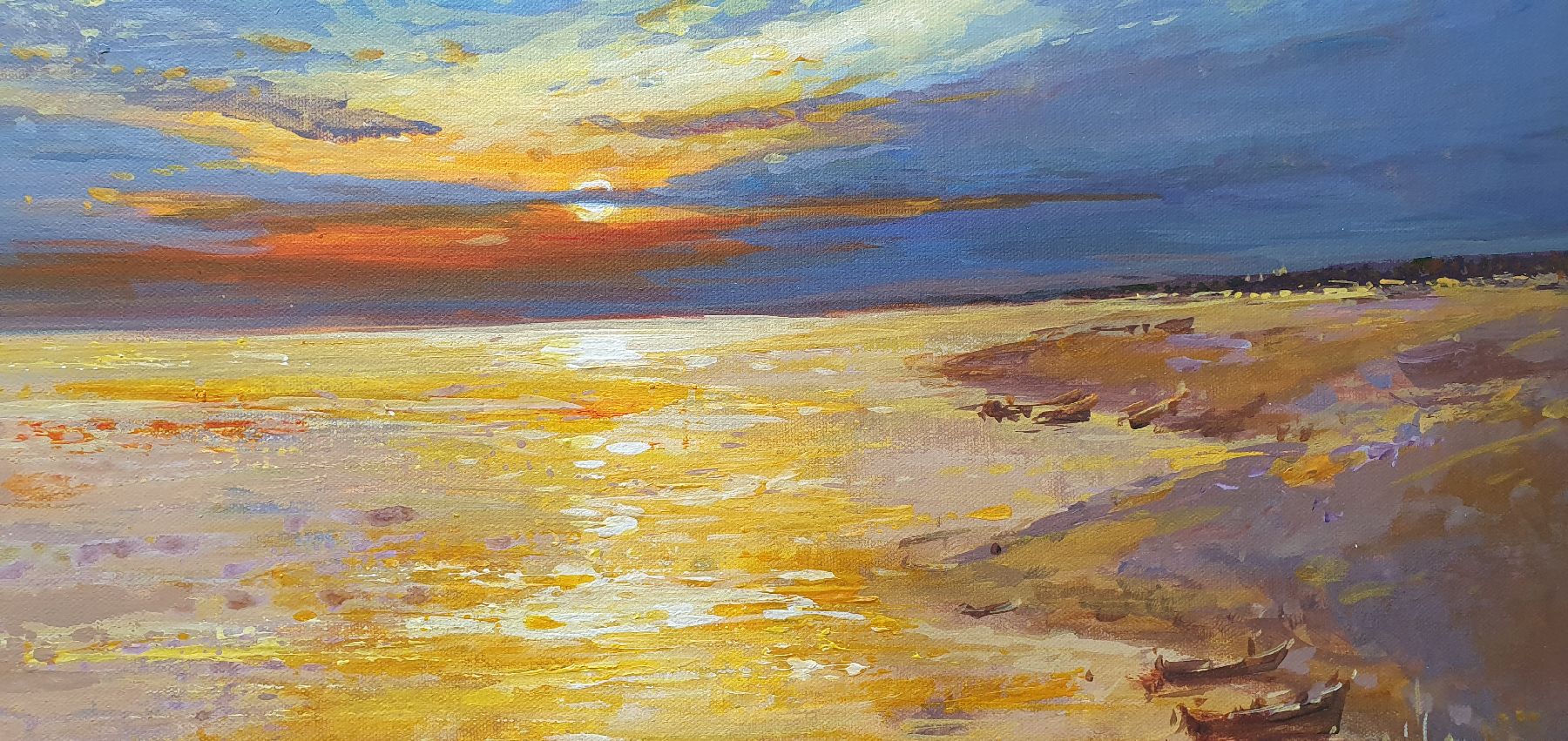 Detail j: Abbas Al-Mosawi, geb. 1952 Bahrain, Blick auf die ruhige See mit Segelschiffen und Booten beim farbenprächtigen Sonnenuntergang, Acryl/Lwd, ...