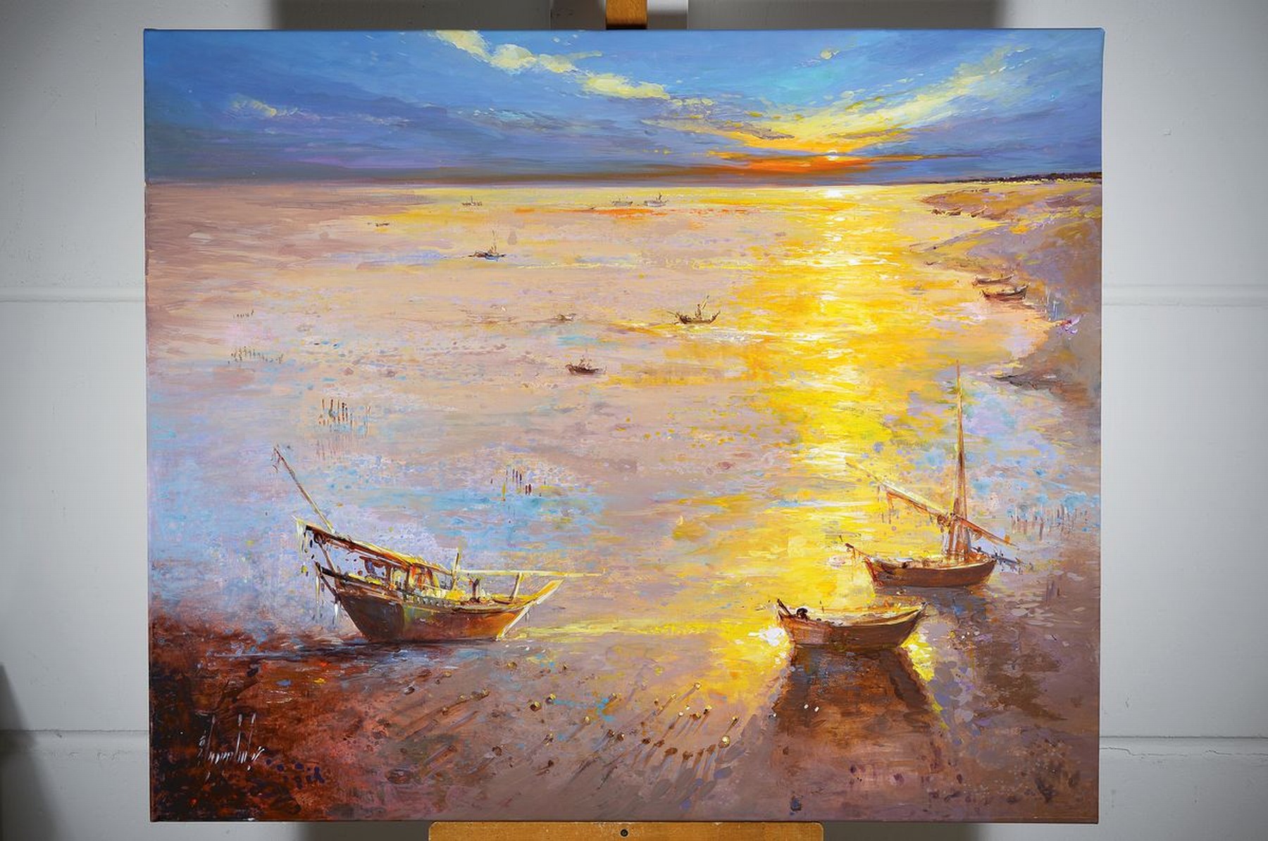 Detail k: Abbas Al-Mosawi, geb. 1952 Bahrain, Blick auf die ruhige See mit Segelschiffen und Booten beim farbenprächtigen Sonnenuntergang, Acryl/Lwd, ...